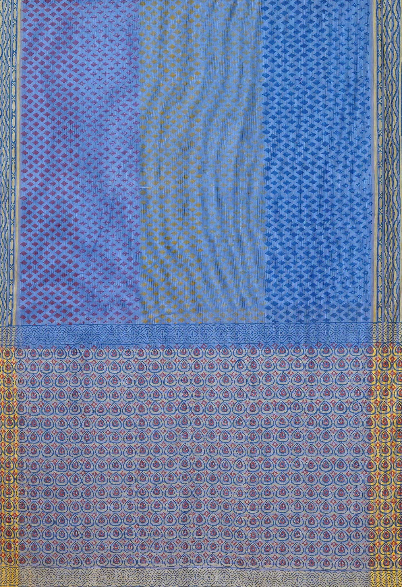 Blue Pure Hand Block Printed Mangalgiri Cotton Saree