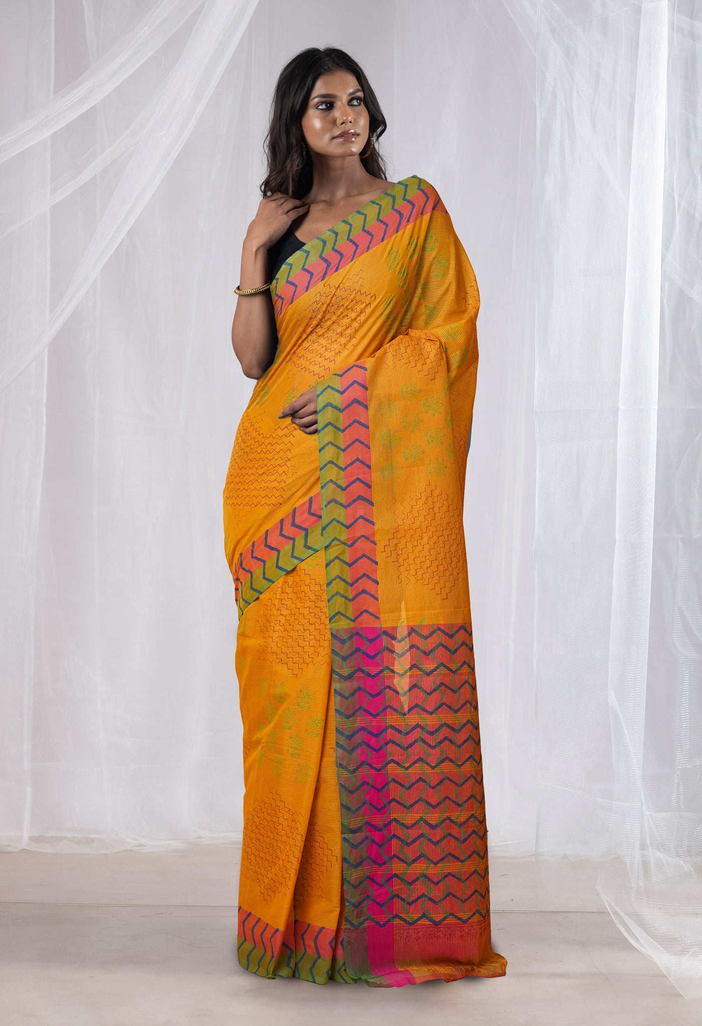 Mustard Yellow Pure Hand Block Printed Mangalgiri Cotton Saree