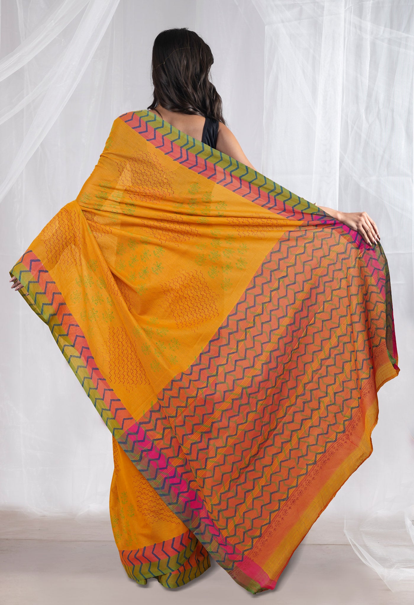 Mustard Yellow Pure Hand Block Printed Mangalgiri Cotton Saree