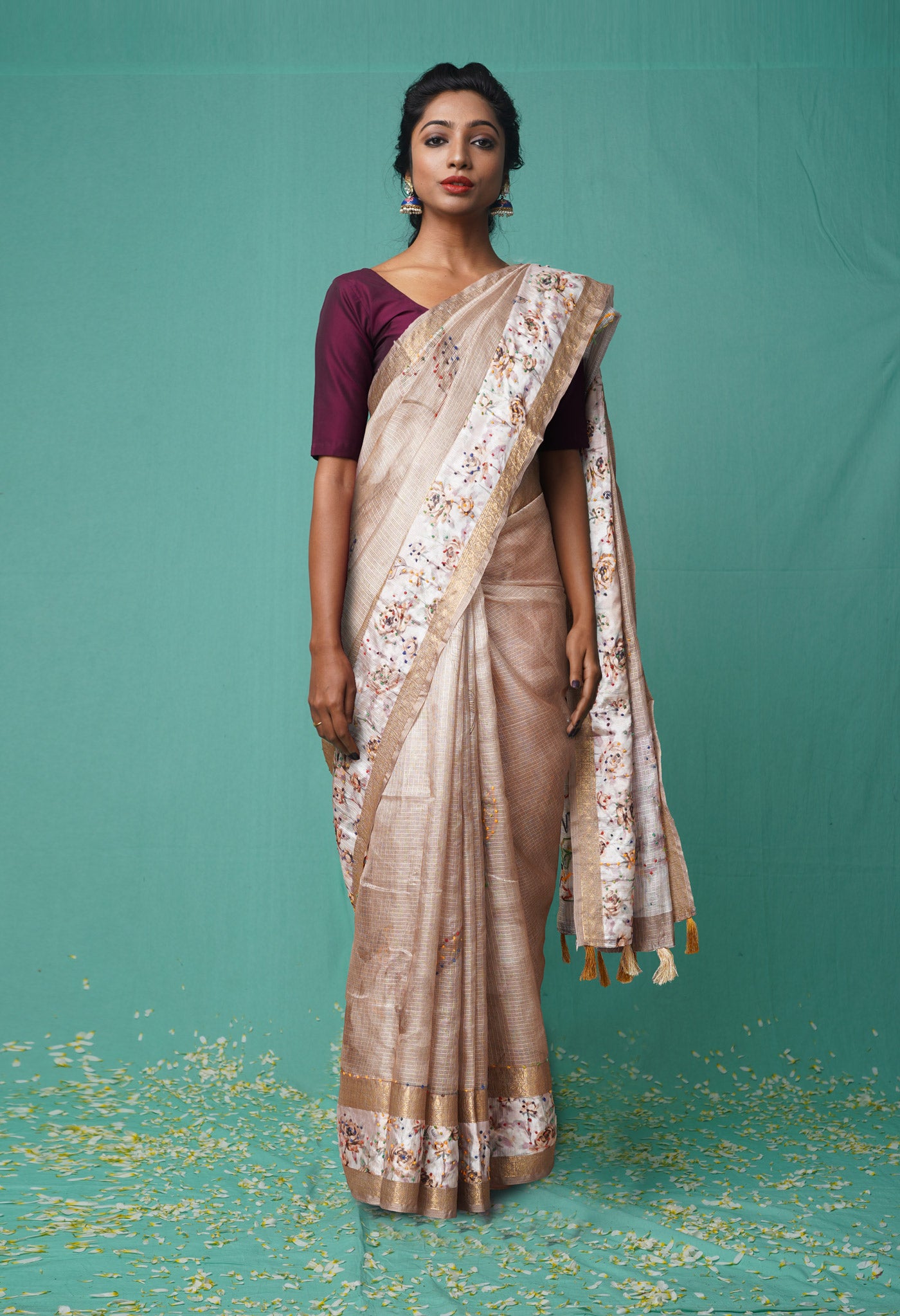 Cream Pure French Knot Work Kota Silk Saree-UNM78335