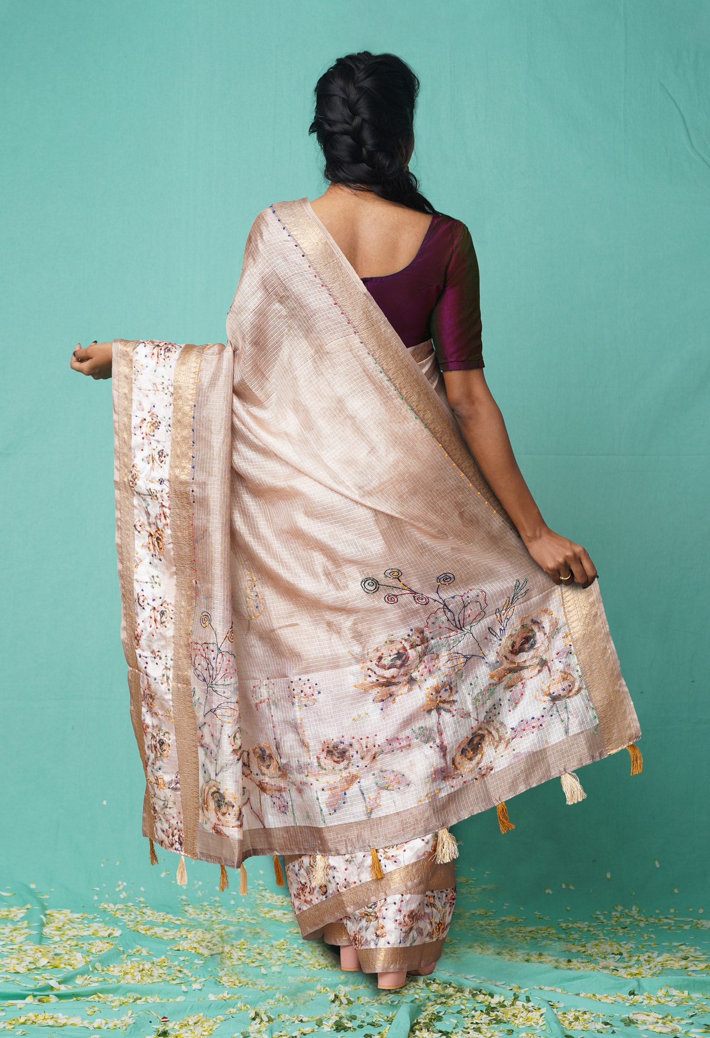 Cream Pure French Knot Work Kota Silk Saree-UNM78335