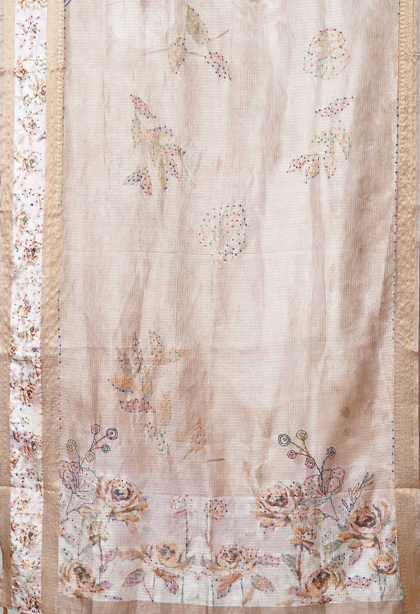 Cream Pure French Knot Work Kota Silk Saree-UNM78335
