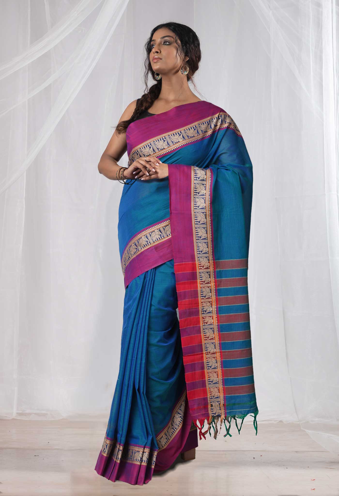 Peacock Blue Pure Handloom Narayani Cotton Saree-UNM78353