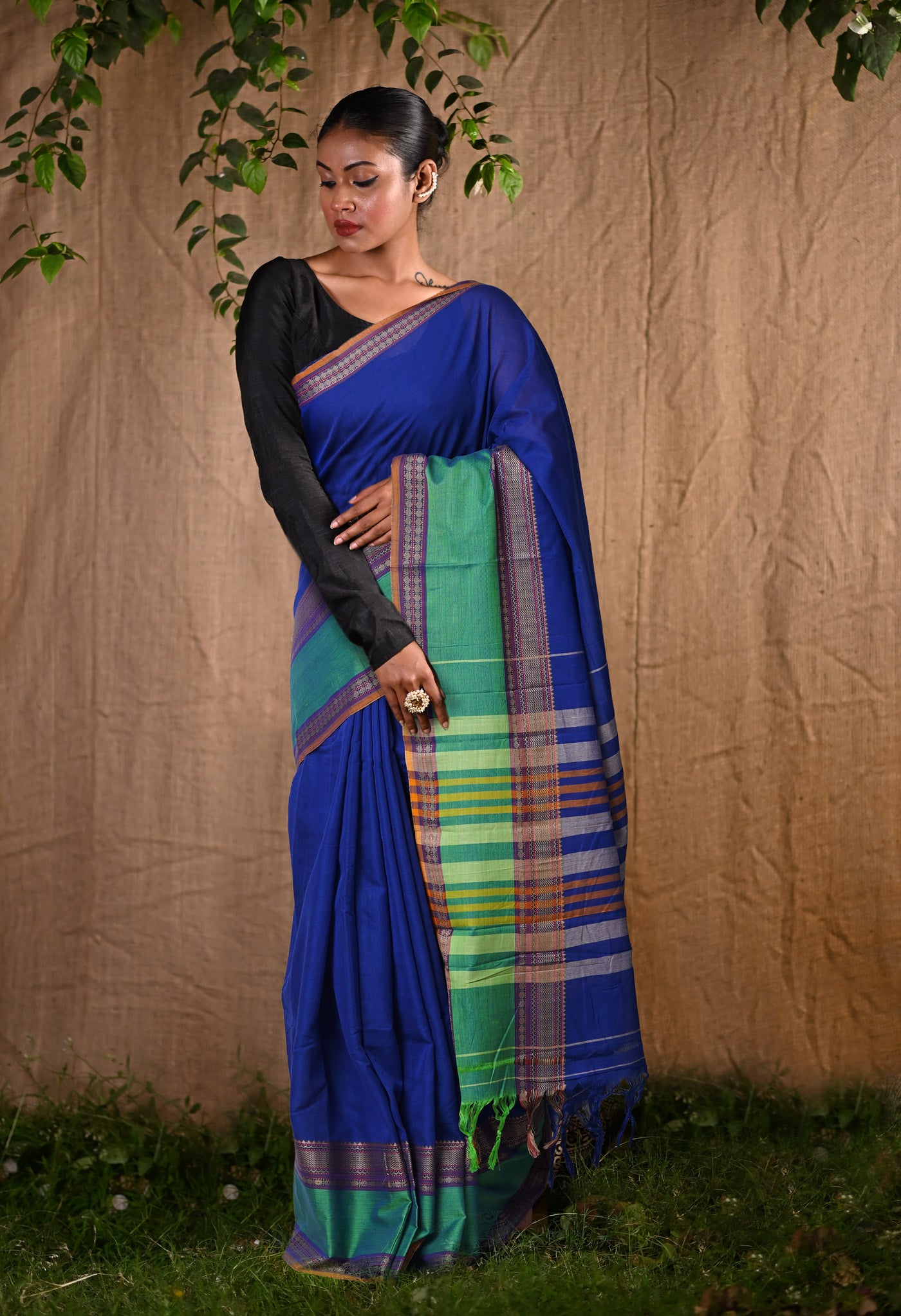 Dark Blue Pure Handloom Narayani Cotton Saree-UNM78376