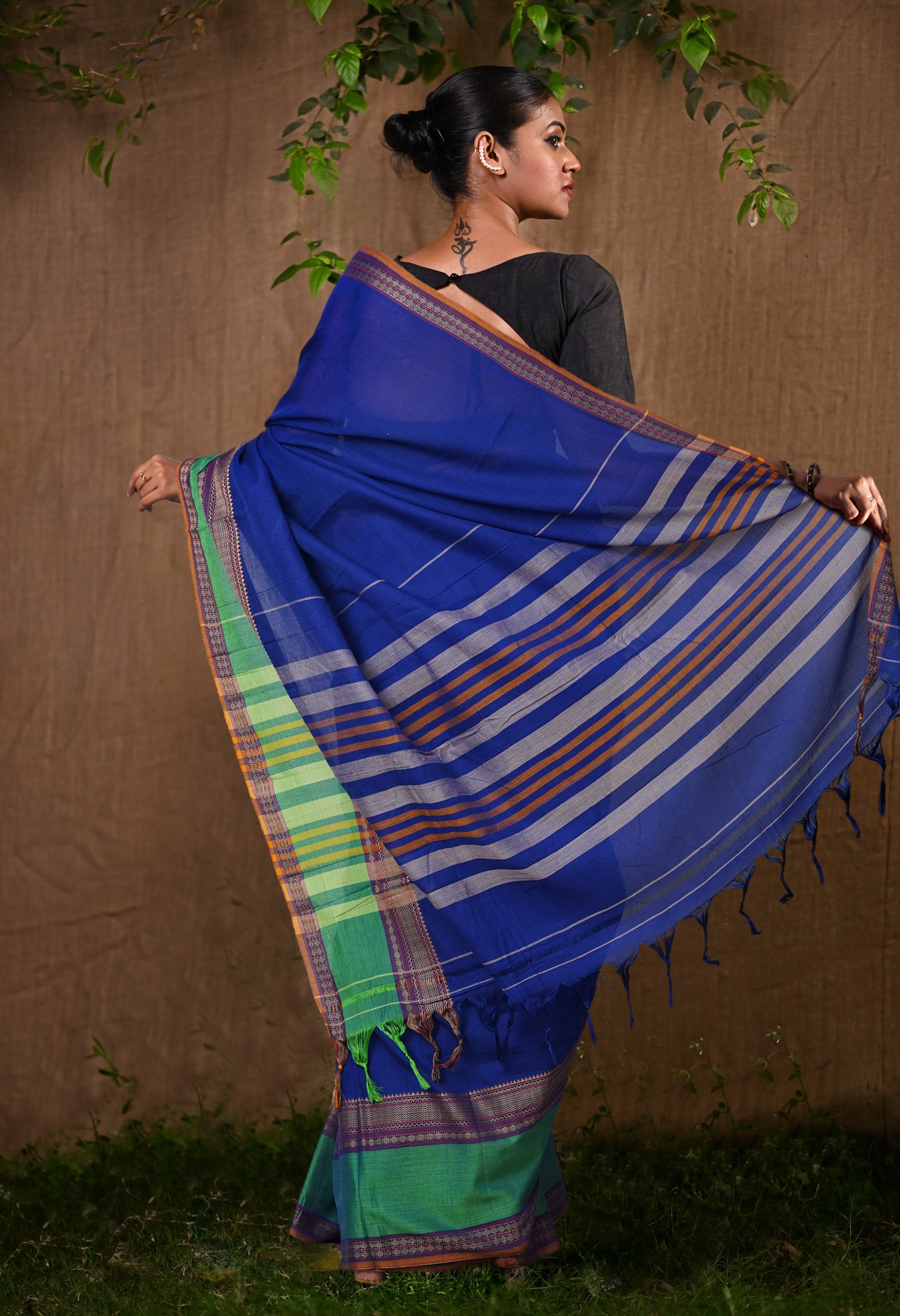Dark Blue Pure Handloom Narayani Cotton Saree-UNM78376