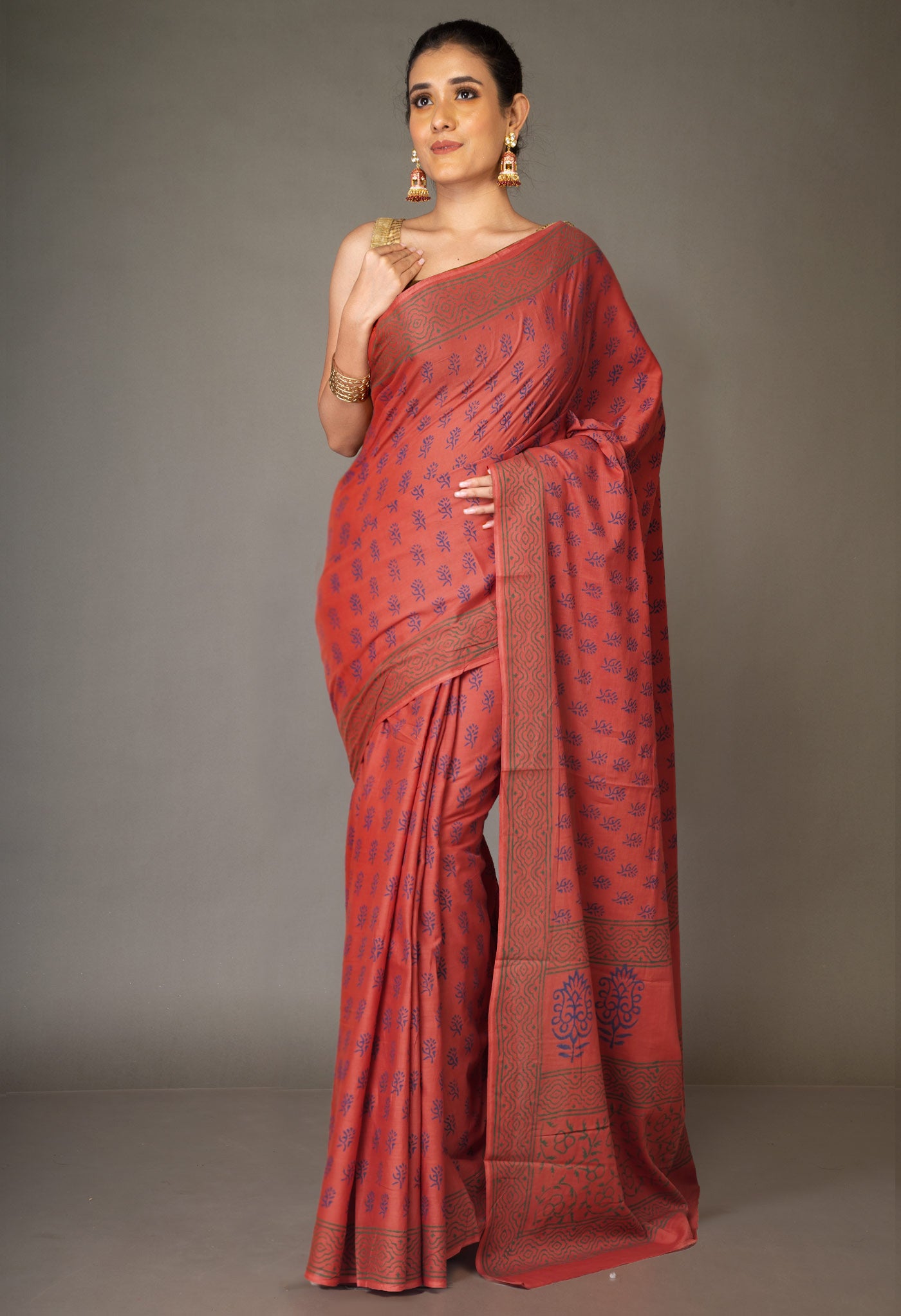 Brown Pure Block Printed Soft Cotton Saree-UNM78991
