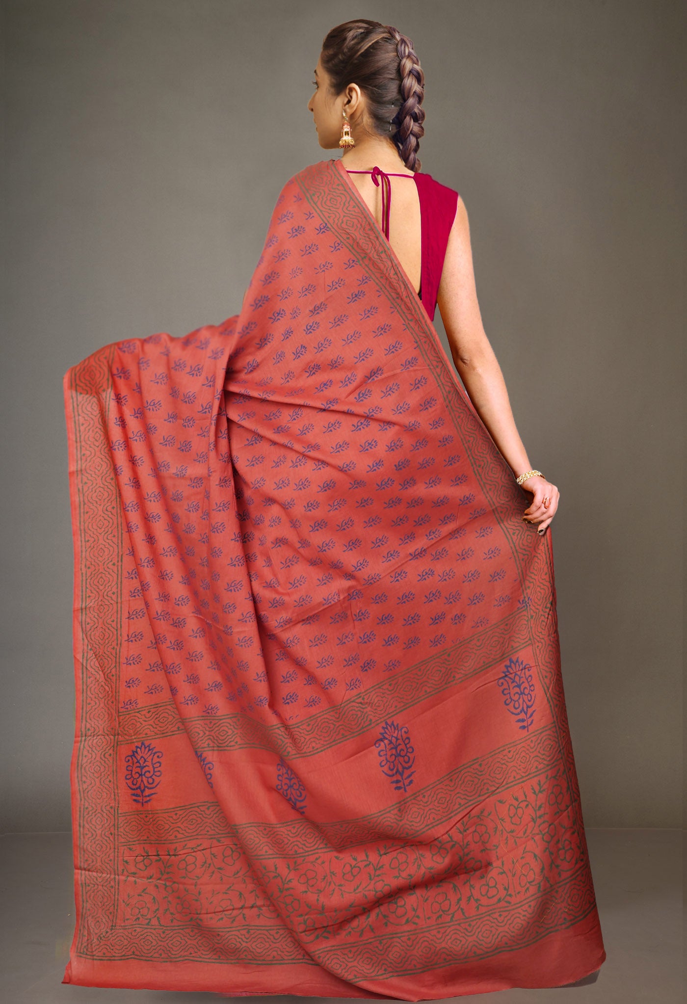 Brown Pure Block Printed Soft Cotton Saree-UNM78991