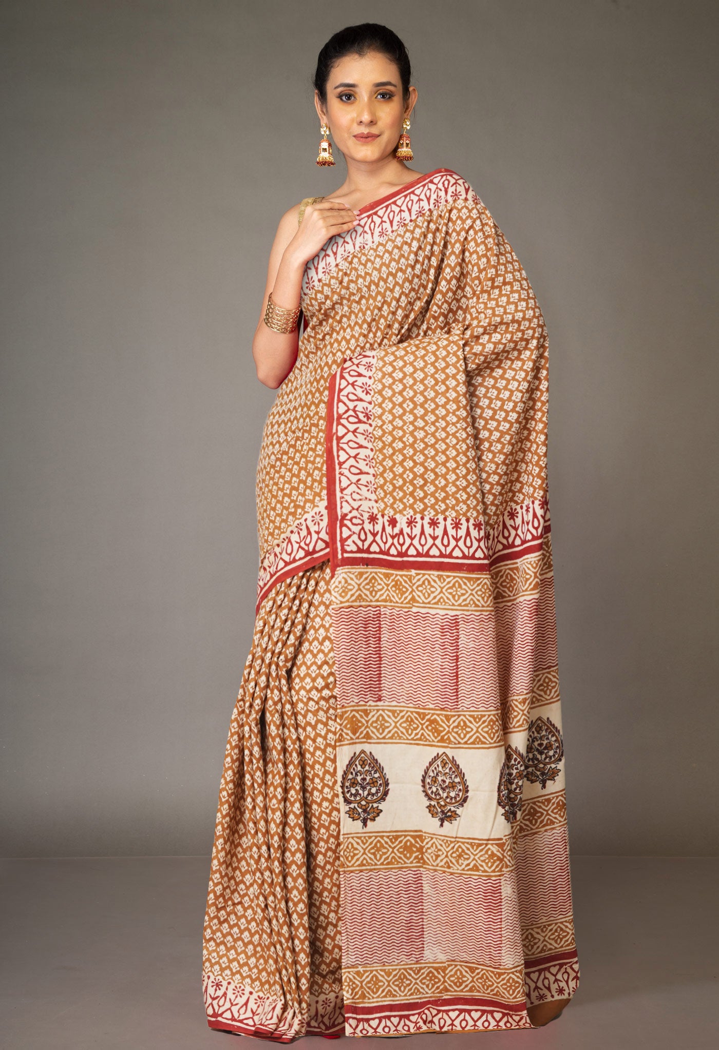 Brown Pure Bagru Printed Soft Cotton Saree-UNM79011