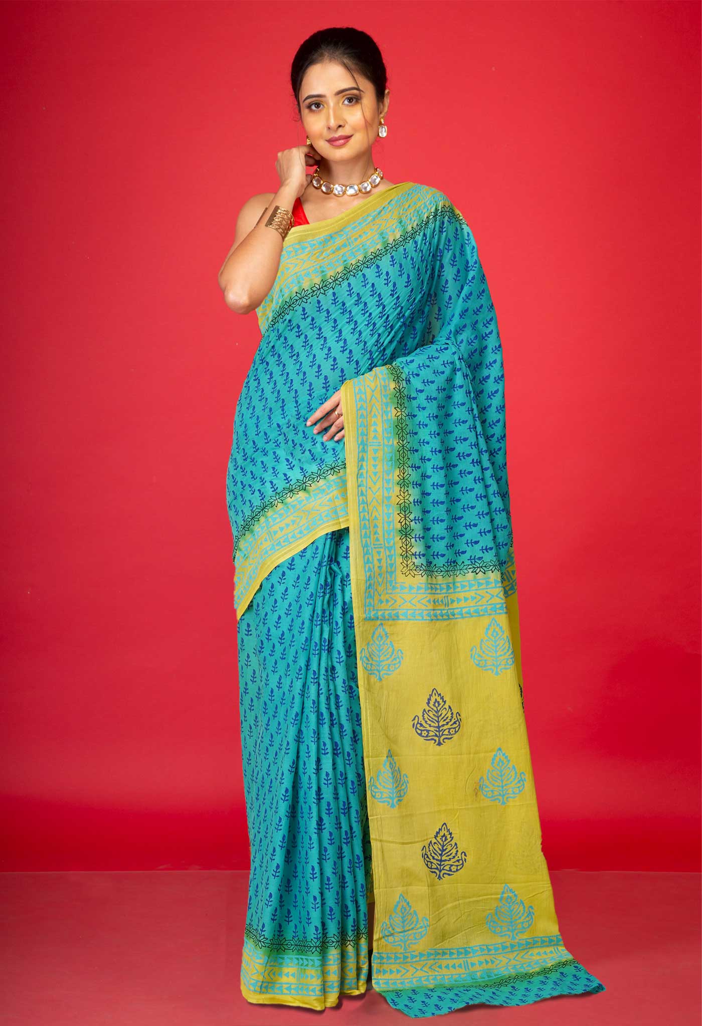 Blue Pure Hand Block Printed Soft Cotton Saree