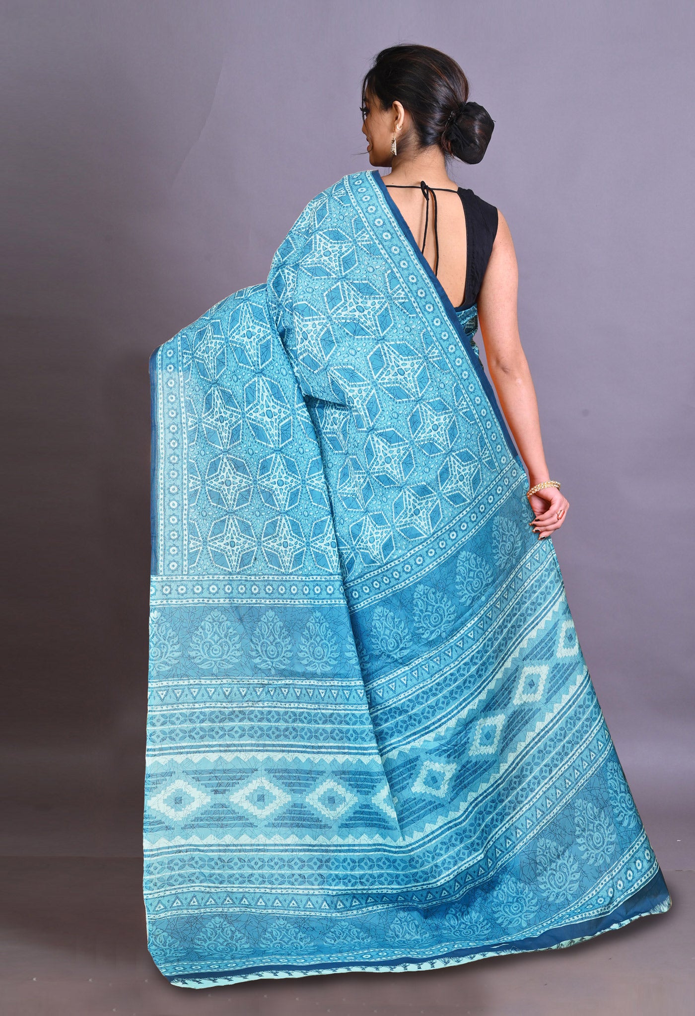 Blue Pure Hand Block Printed Soft Cotton Saree-UNM79352