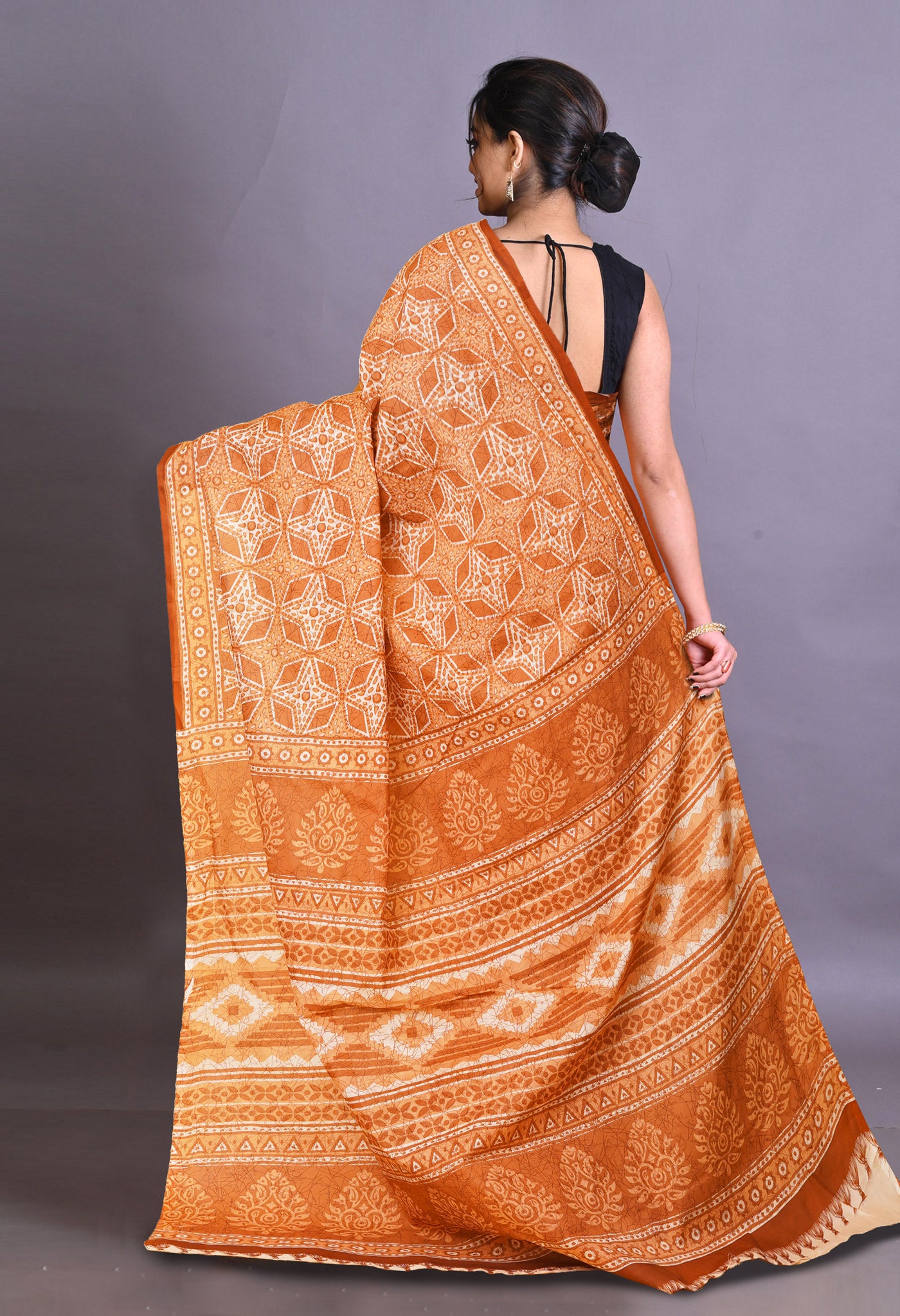 Orange Pure Hand Block Printed Soft Cotton Saree-UNM79354