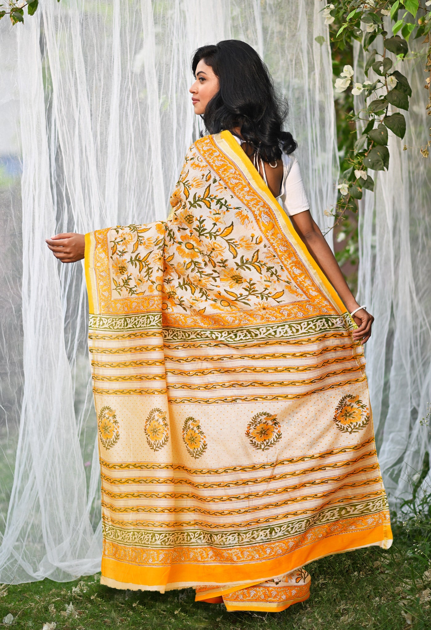 Orange Pure Hand Block Printed Chanderi Sico Saree-UNM79365