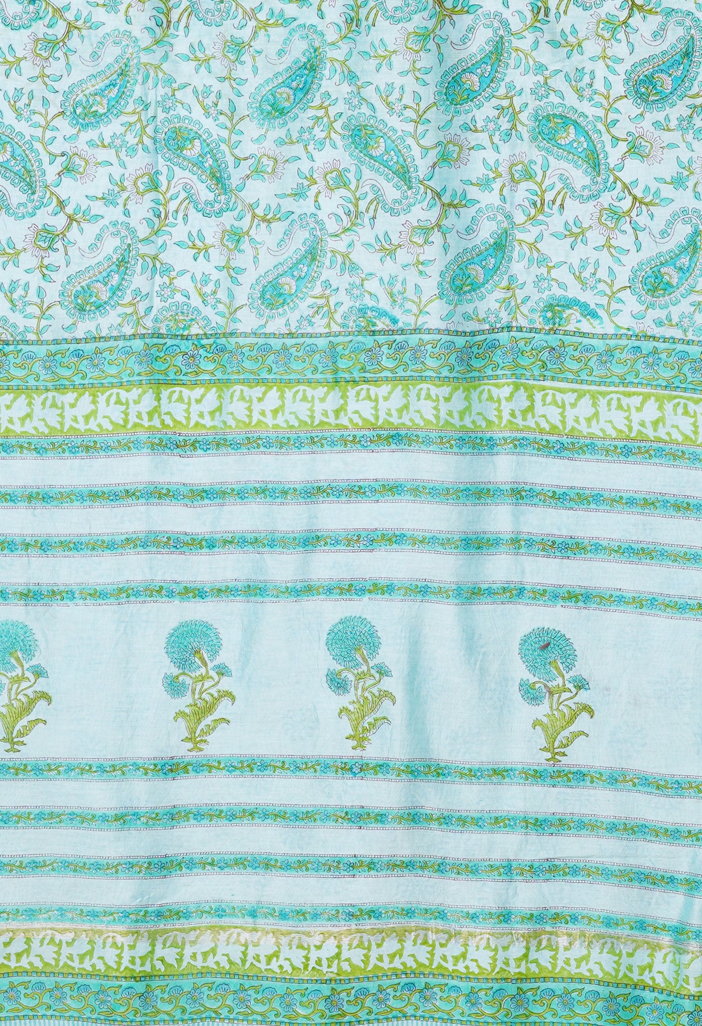 Turquoise Green Pure Hand Block Printed Chanderi Sico Saree-UNM79372