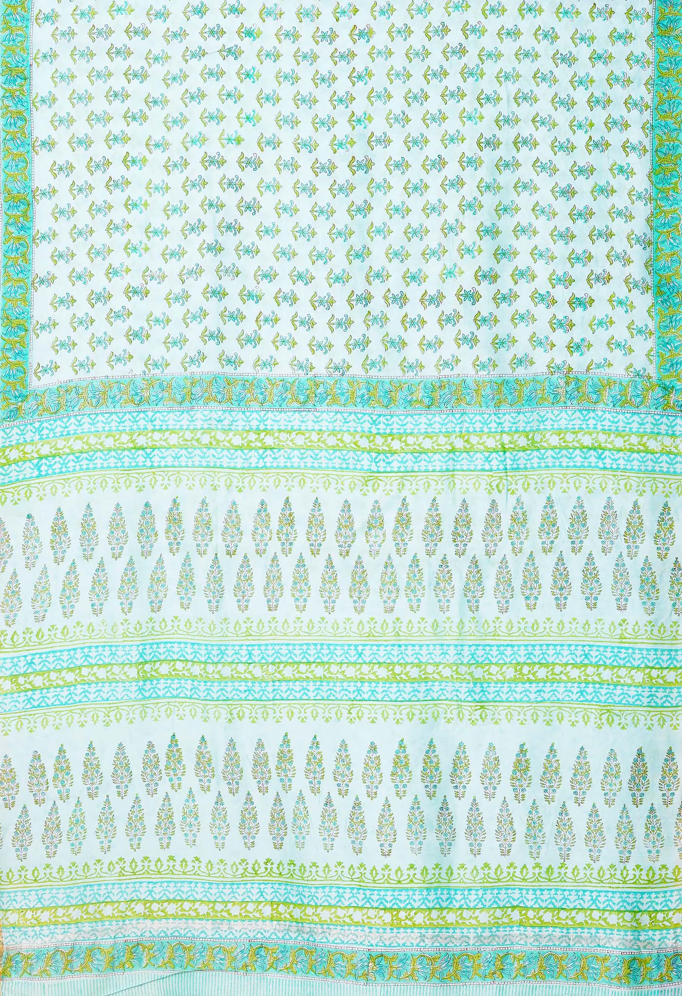 Turquoise Green Pure Hand Block Printed Chanderi Sico Saree-UNM79378