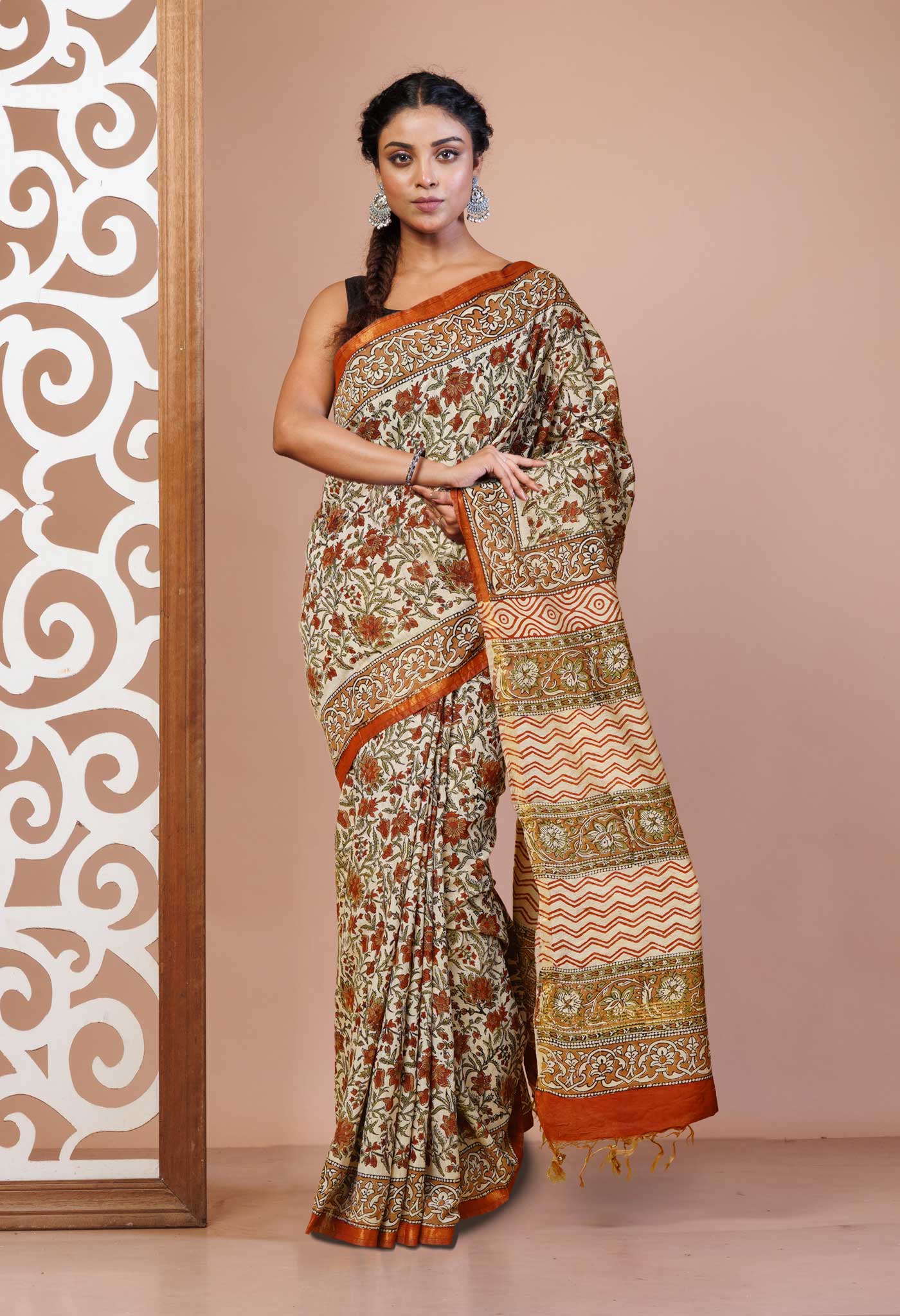 Cream Pure Bagru Printed Pashmina Sico Saree