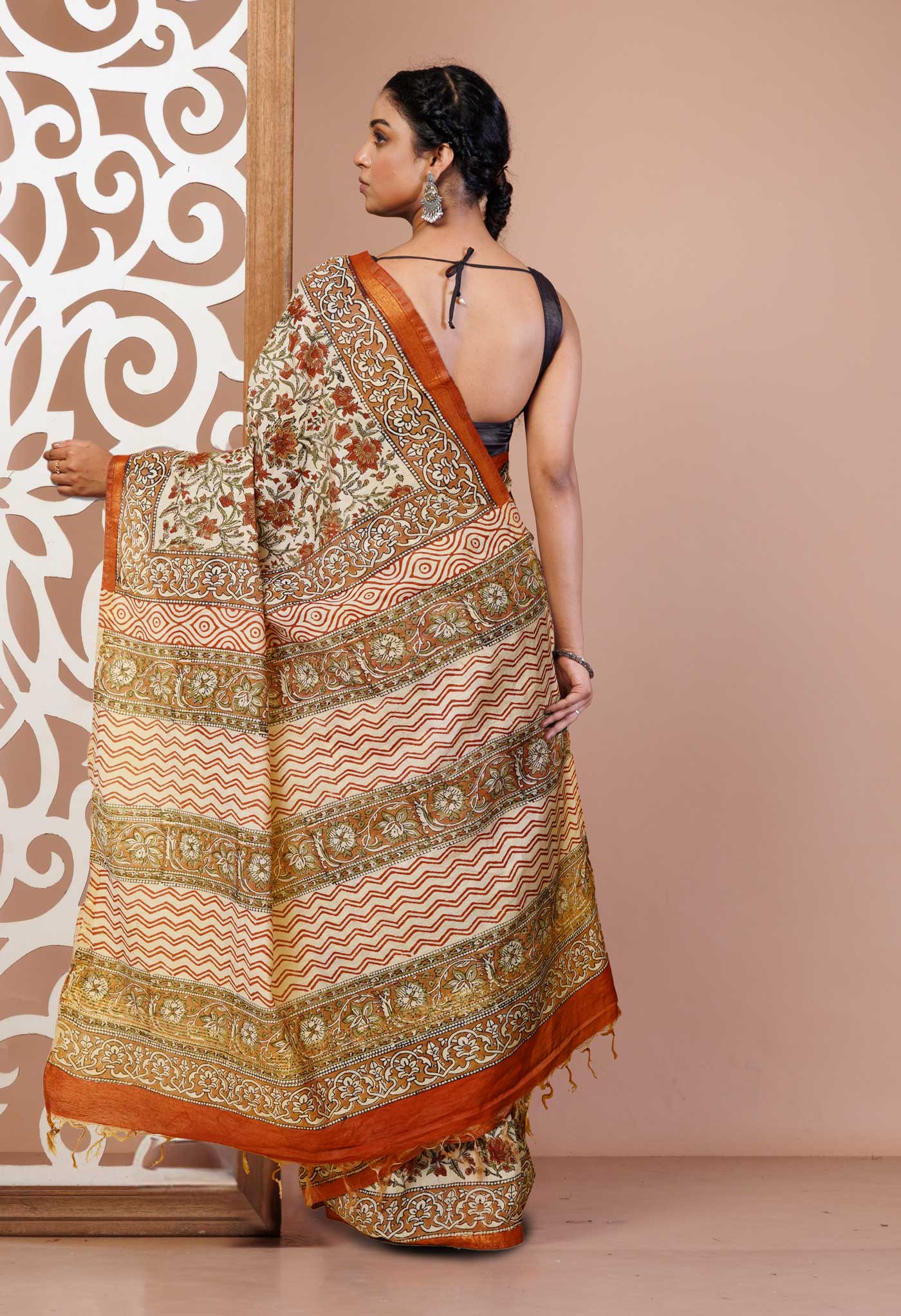 Cream Pure Bagru Printed Pashmina Sico Saree