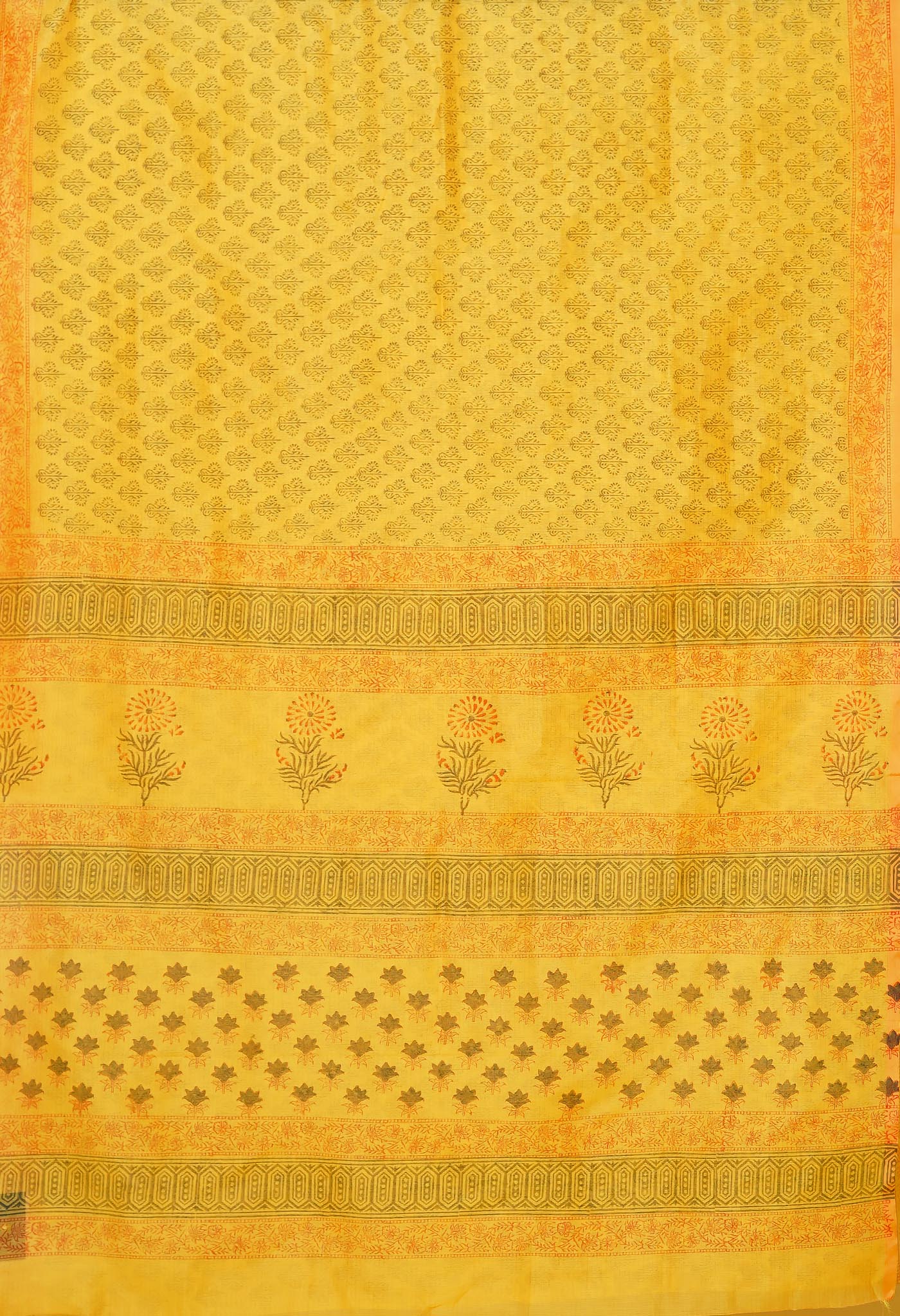 Yellow  Block Printed Supernet Saree-UNM79424