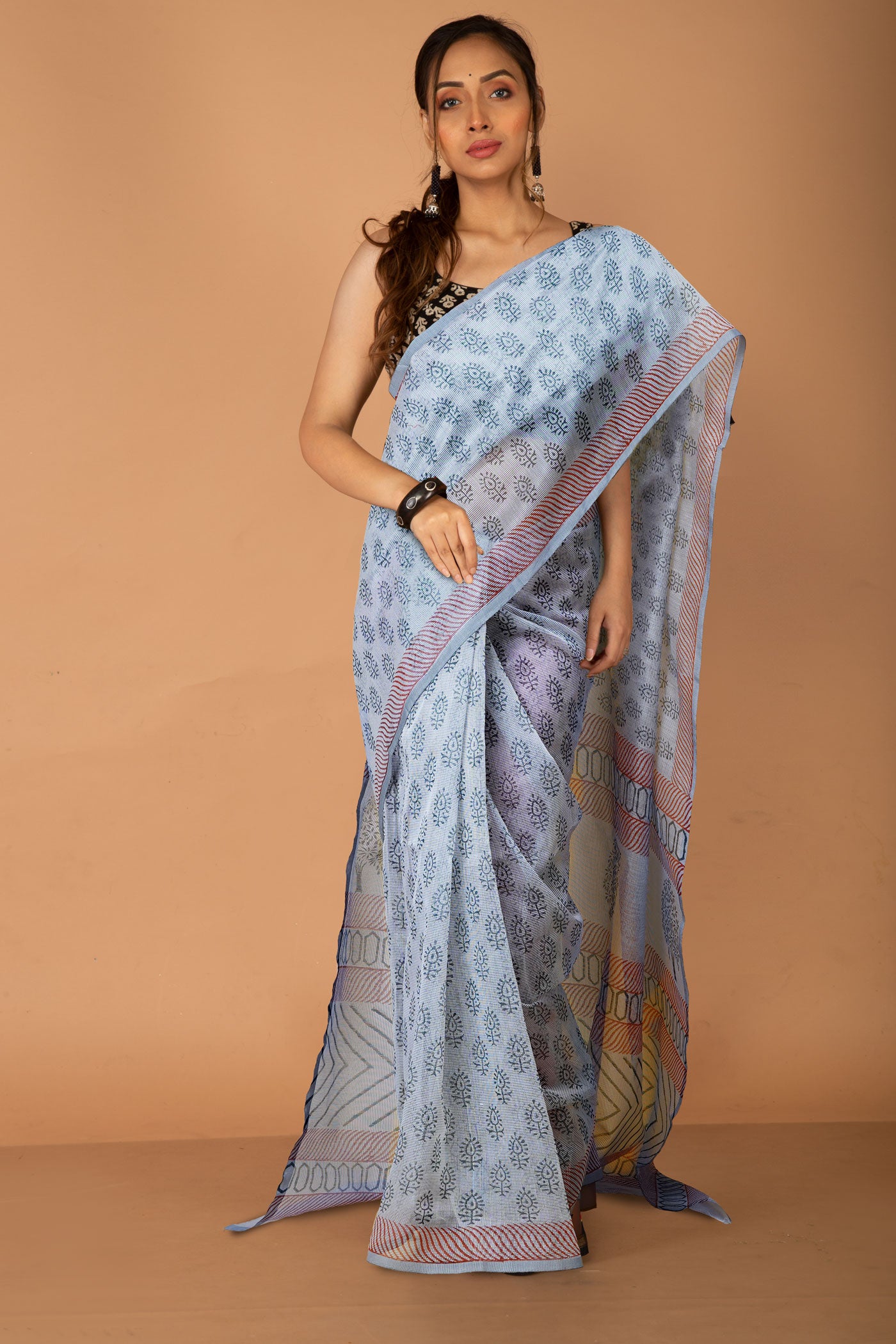 Grey Block Printed Supernet Saree-UNM79446