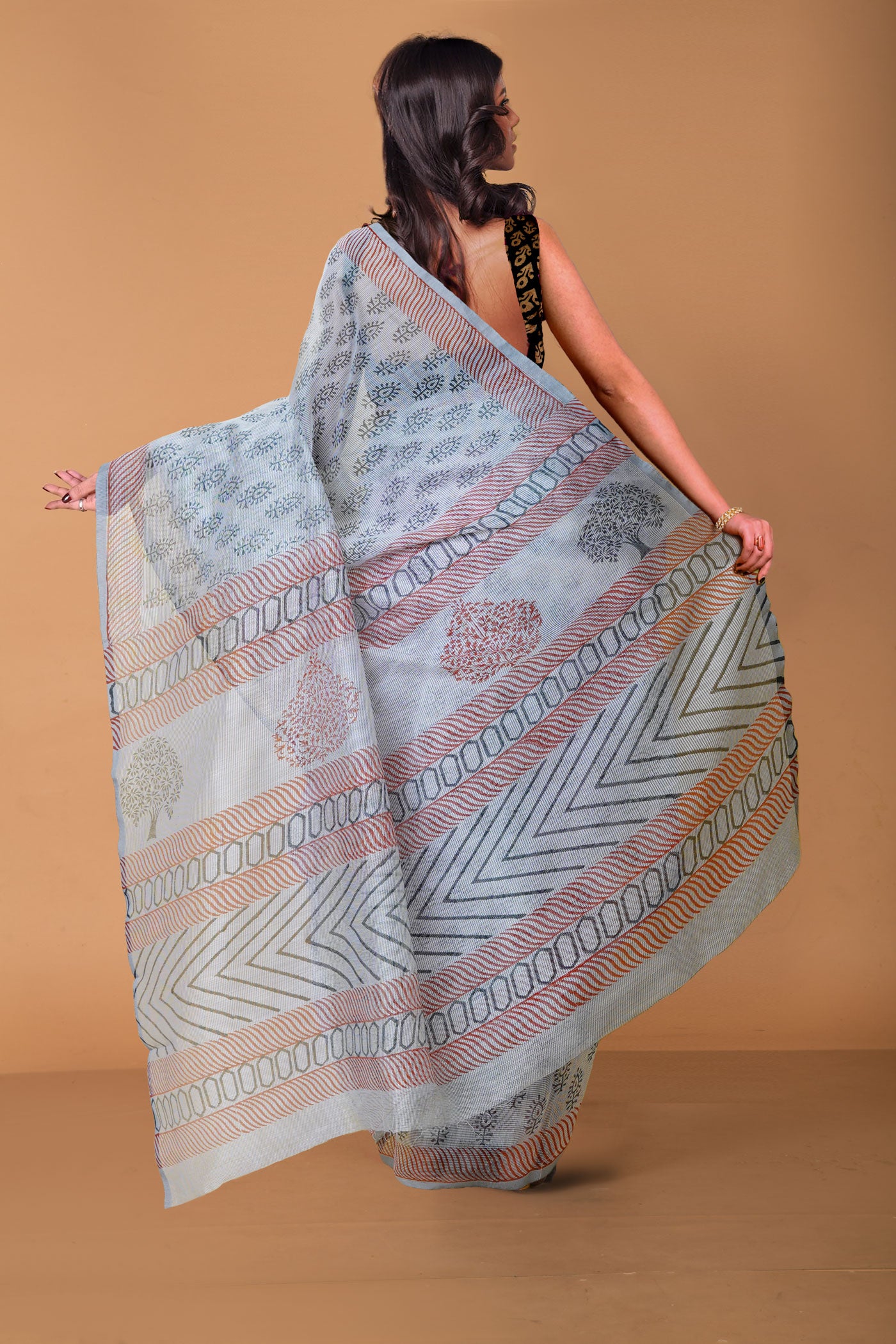 Grey Block Printed Supernet Saree-UNM79446