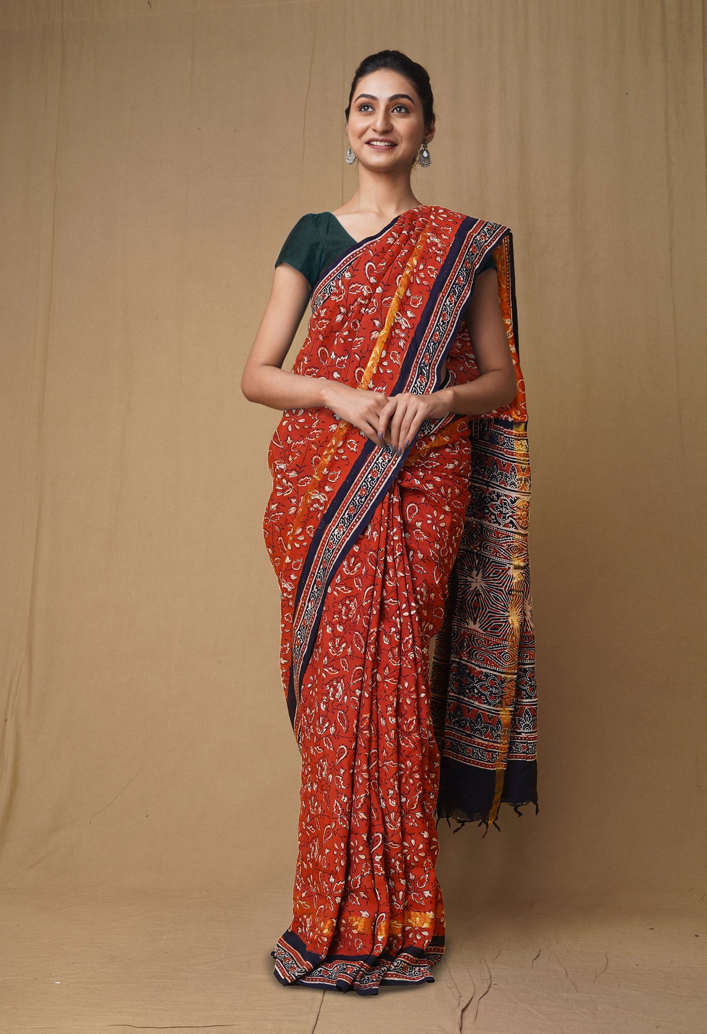 Red Pure Ajrakh Printed Soft Silk Saree-UNM79644