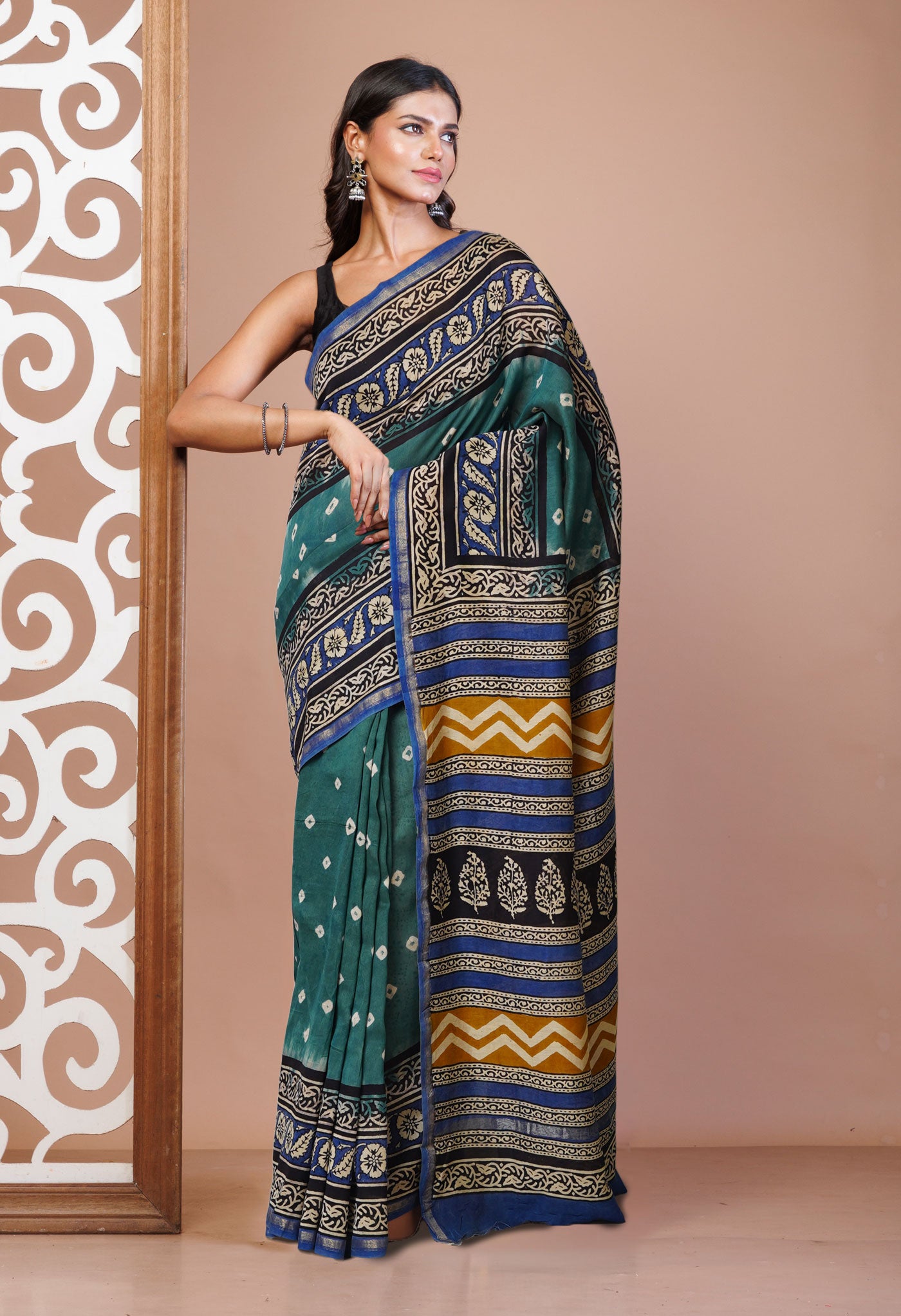 Green Pure Bandhani Bagru Block Printed Chanderi Sico Saree-UNM79782