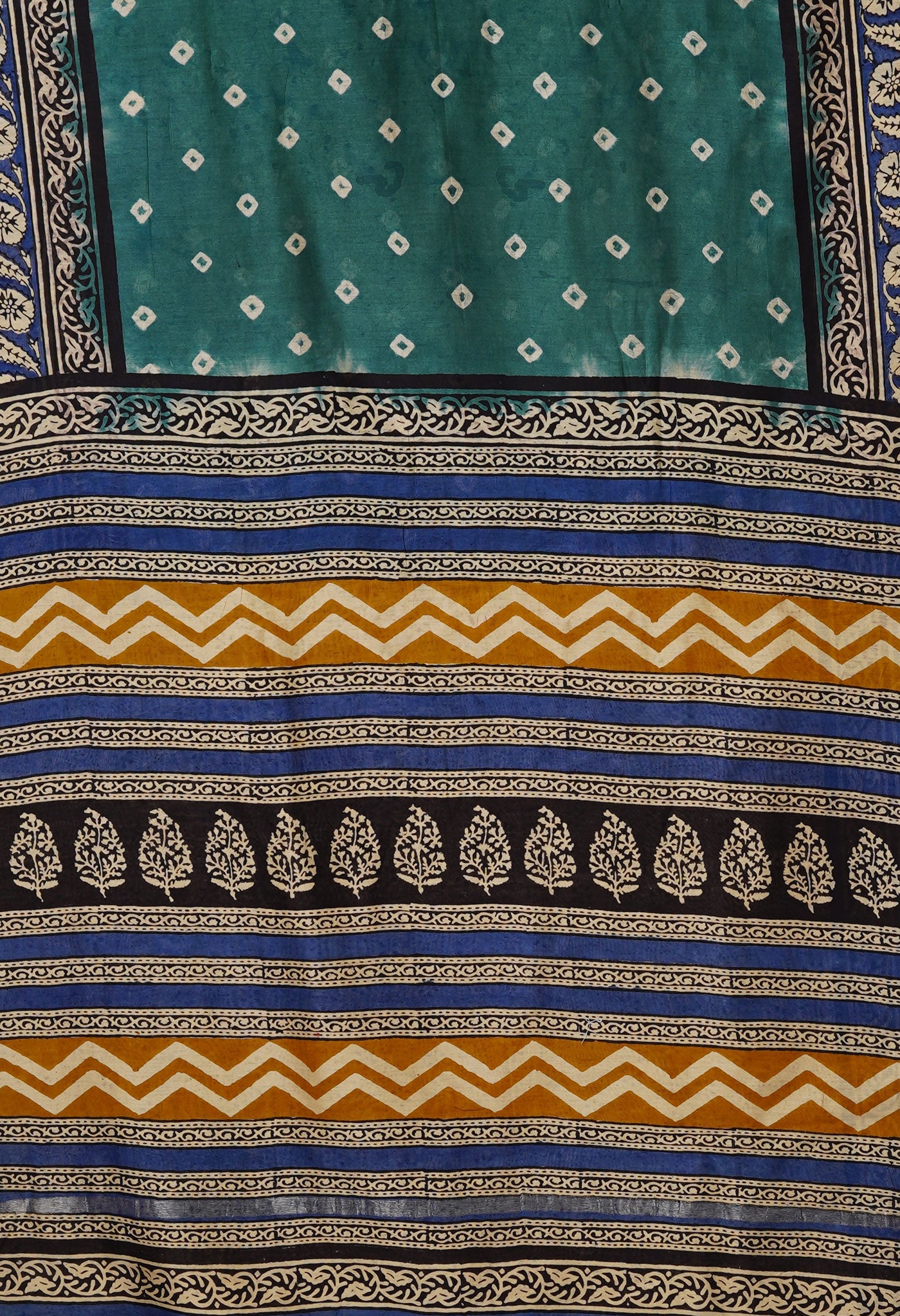 Green Pure Bandhani Bagru Block Printed Chanderi Sico Saree-UNM79782