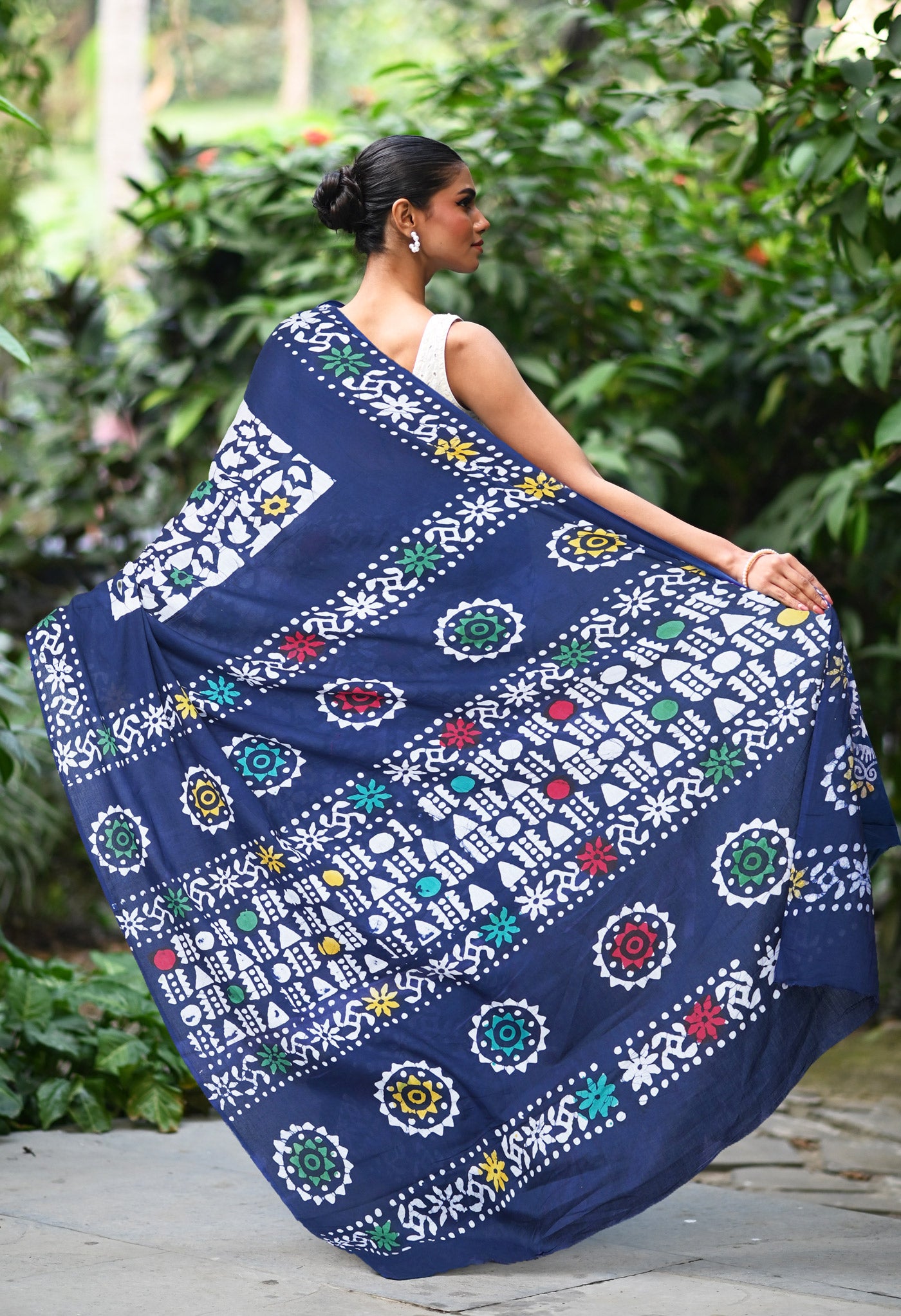 Navy Blue Pure Wax Batik Printed Soft Cotton Saree-UNM80554