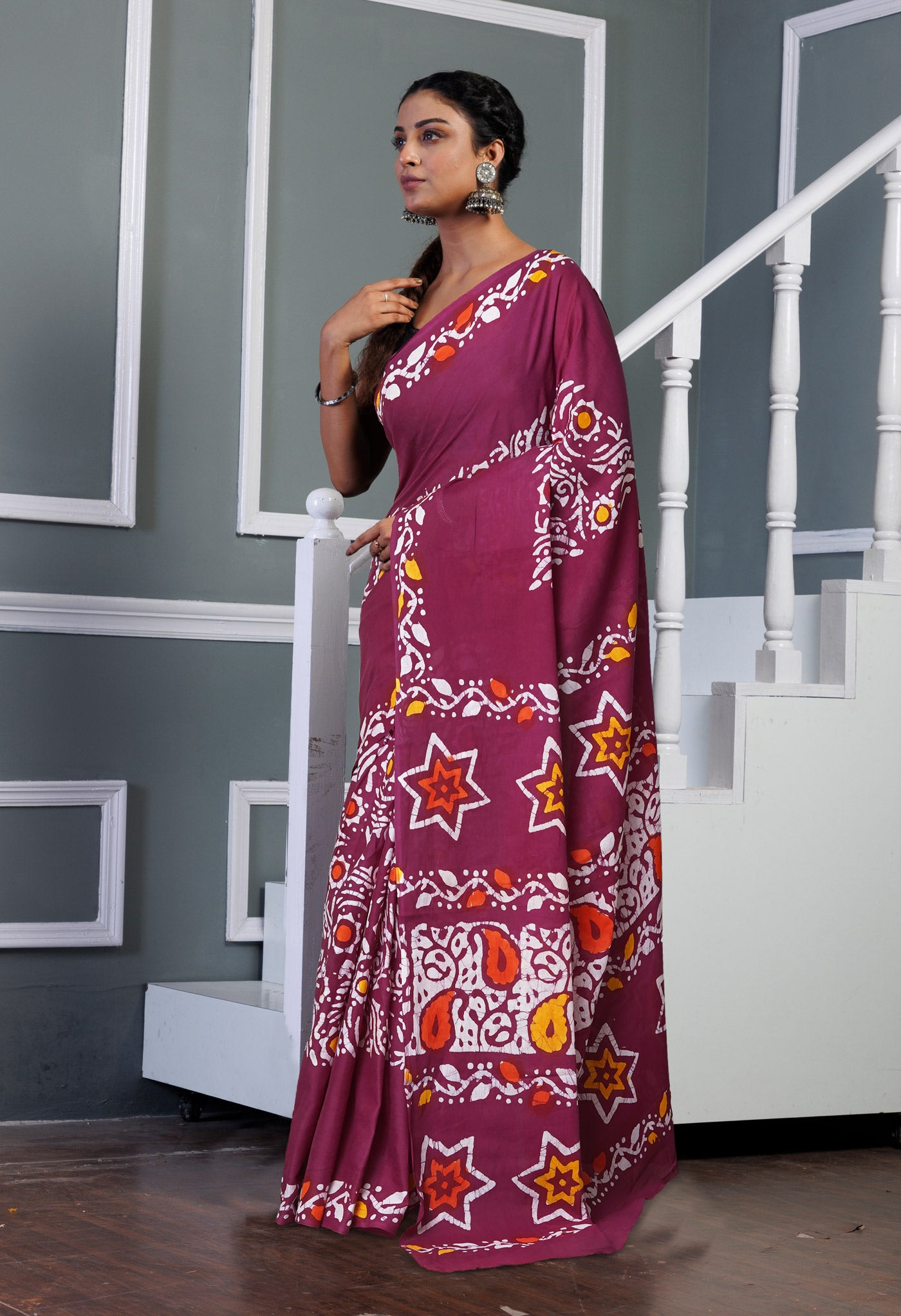 Maroon Pure Wax Batik Printed Soft Cotton Saree-UNM80582