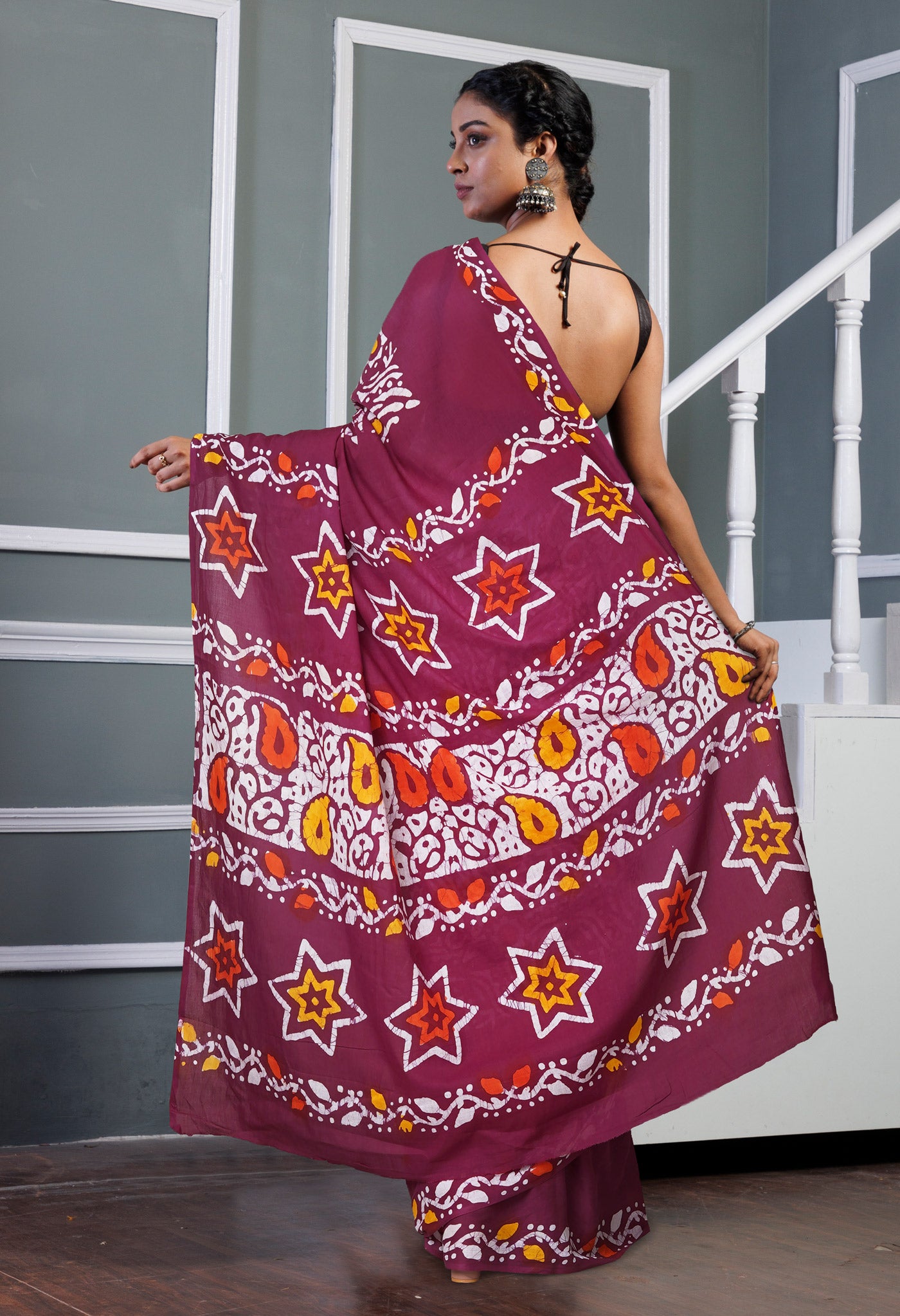 Maroon Pure Wax Batik Printed Soft Cotton Saree-UNM80582
