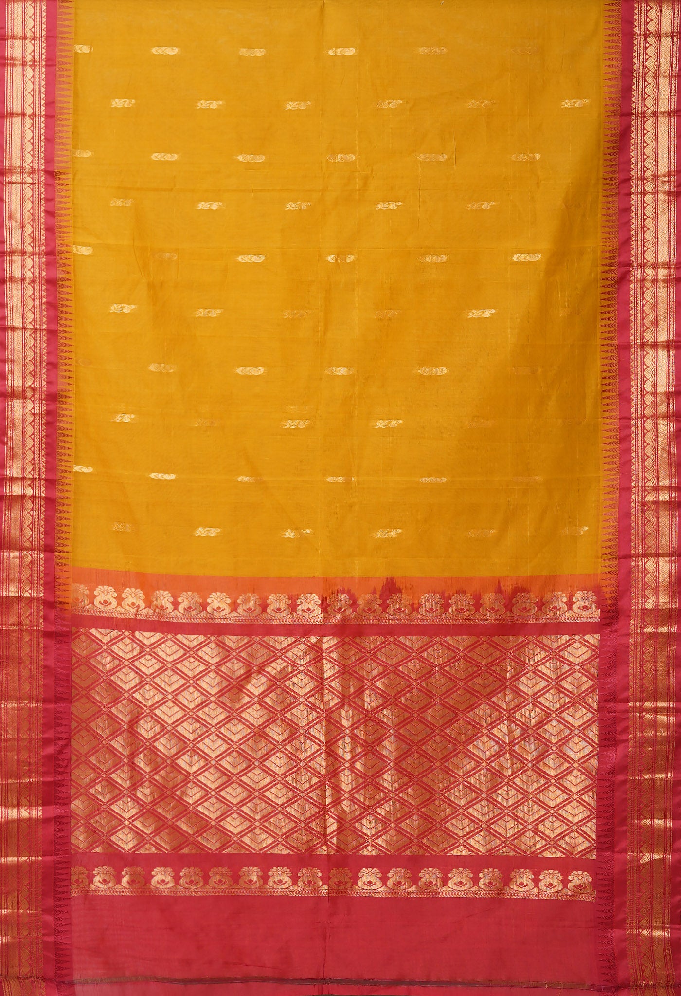 Turmeric Yellow-Red Pure Handloom Gadwal Cotton Saree-UNM80598