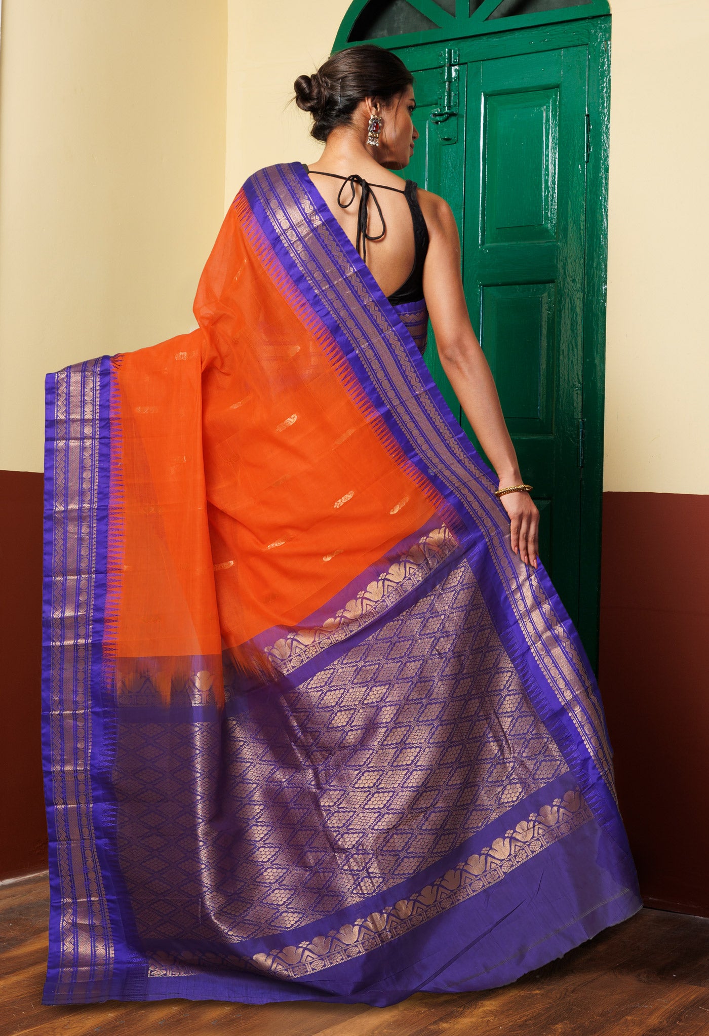 Orange-Dark Blue Pure Handloom Gadwal Cotton Saree-UNM80607