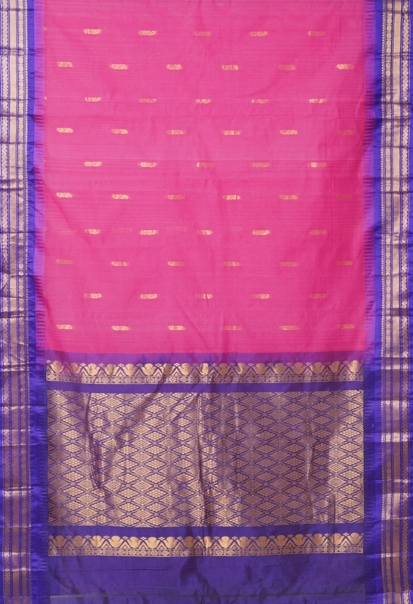 Pink-Dark Blue Pure Handloom Gadwal Cotton Saree-UNM80609