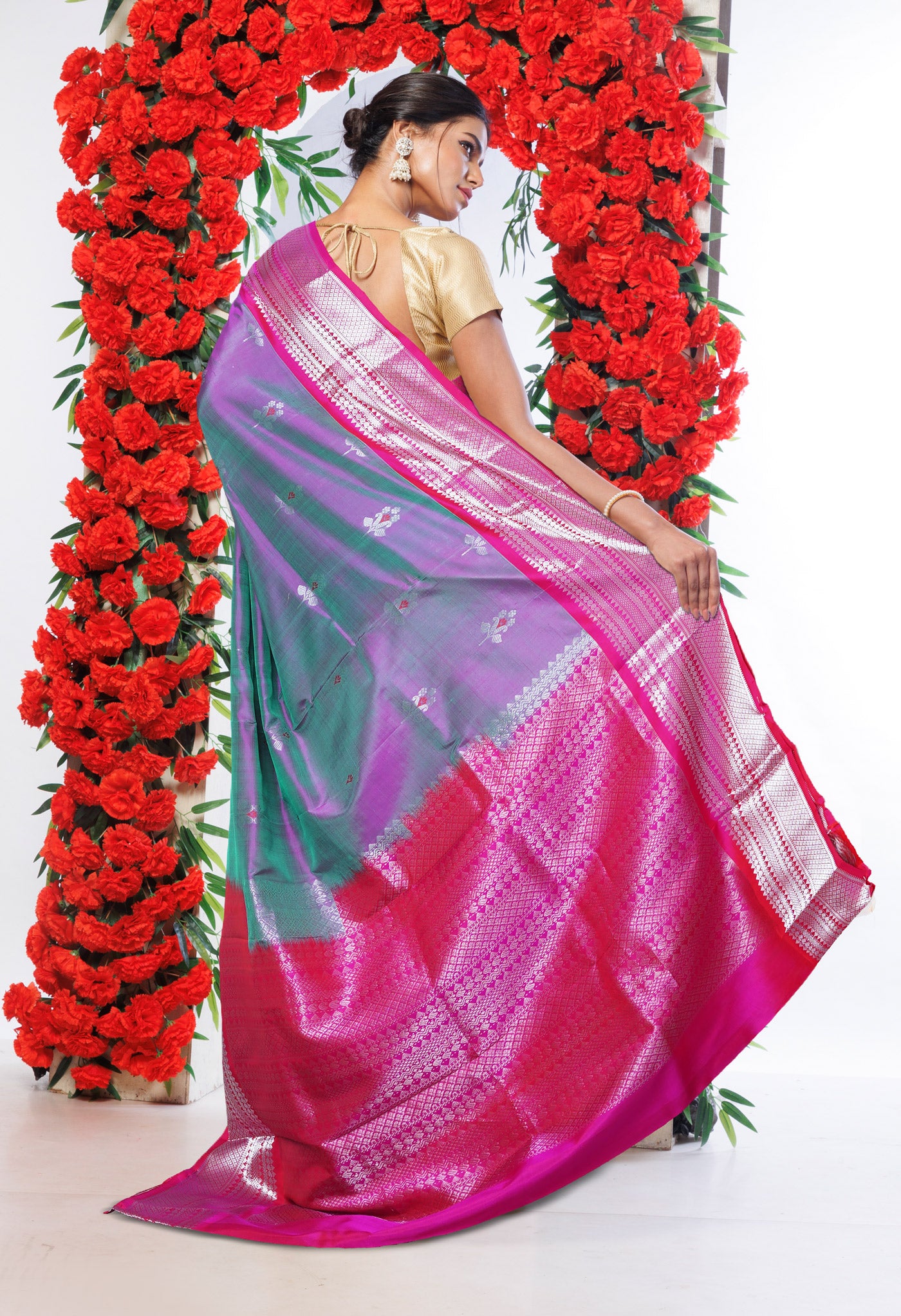 PinkGreen Pure Assam Silk Saree-UNM80706