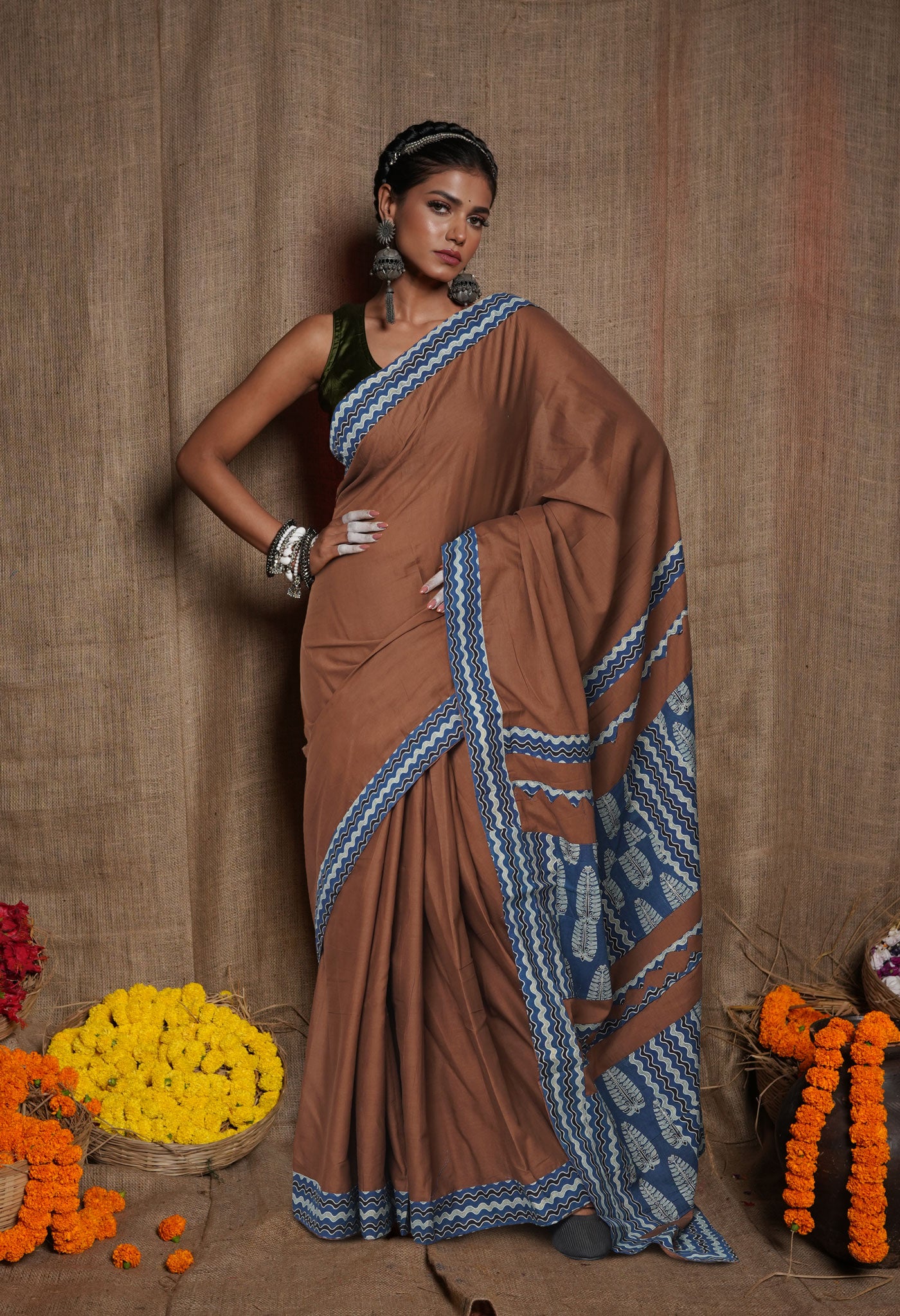 Brown Pure Applique Work Mulmul Cotton Saree-UNM80745