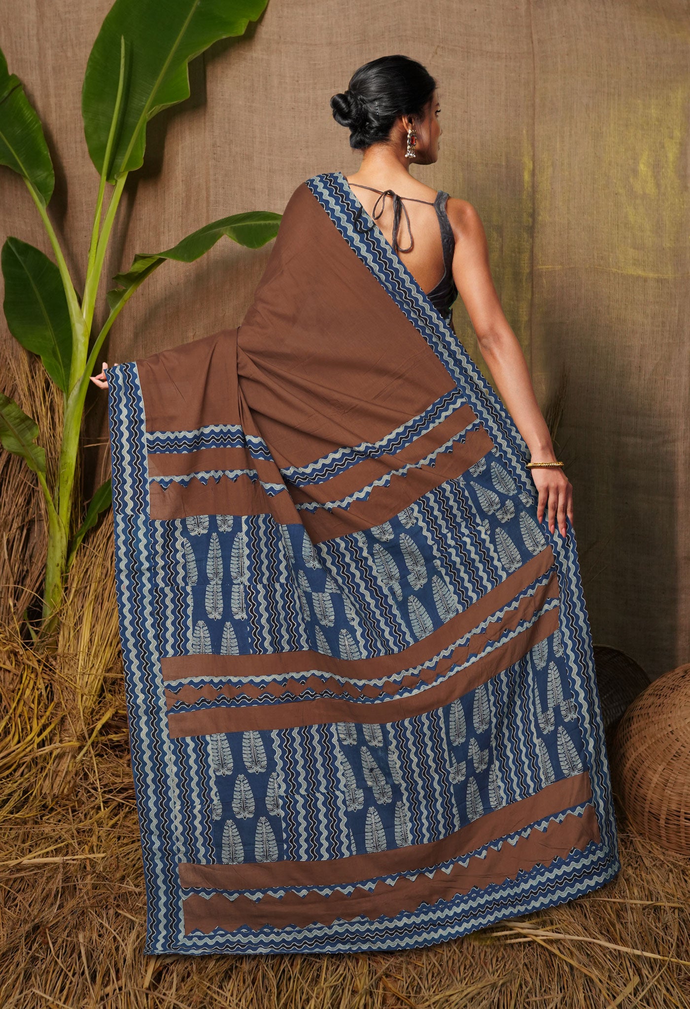 Brown Pure Applique Work Mulmul Cotton Saree-UNM80745