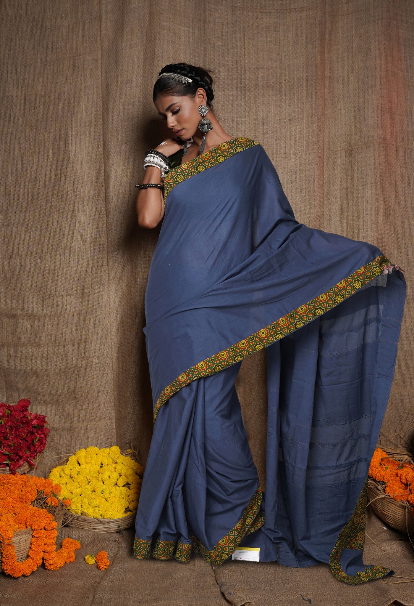 Blue Pure Applique Work Mulmul Cotton Saree-UNM80746
