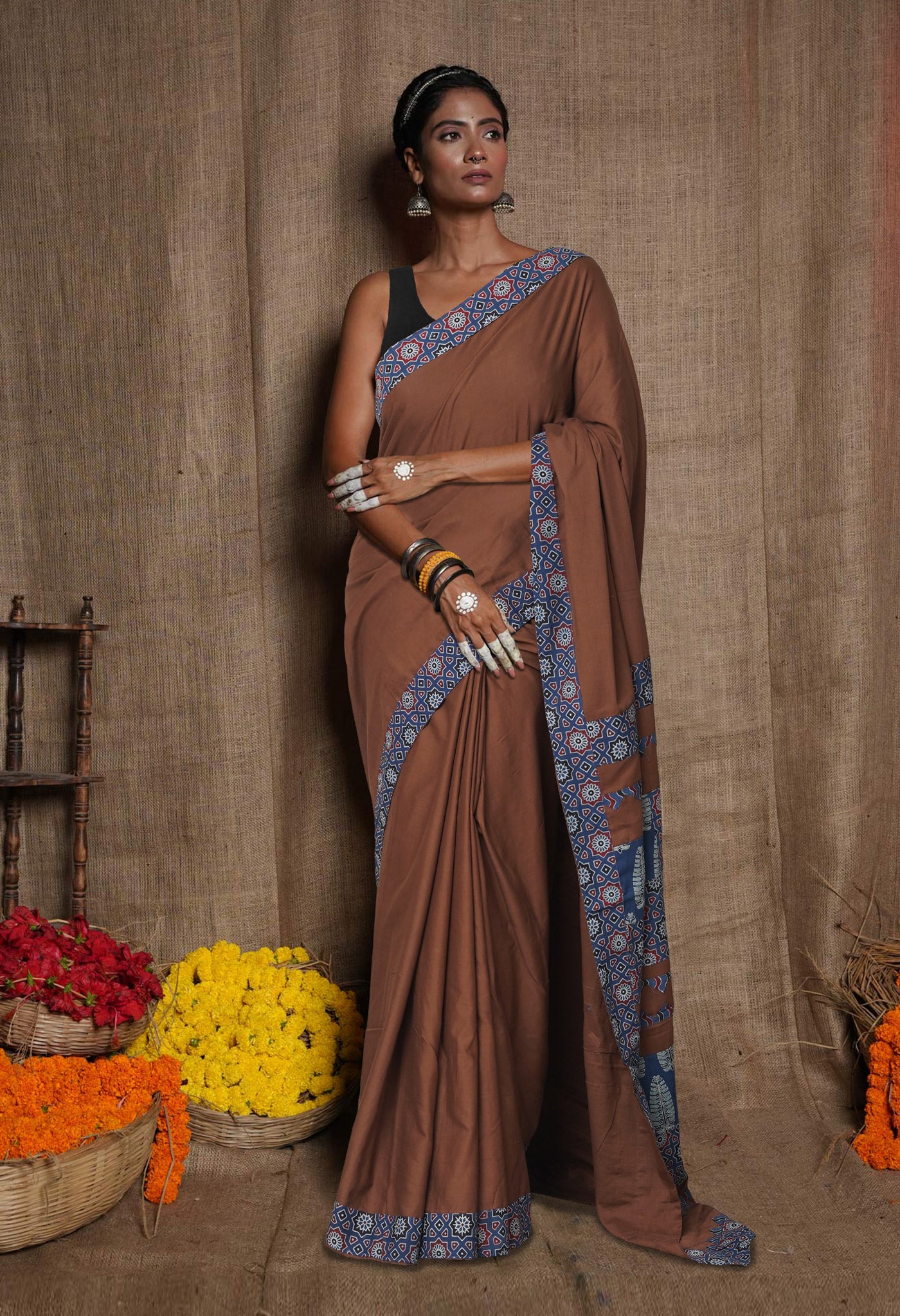 Brown Pure Applique Work Mulmul Cotton Saree-UNM80747