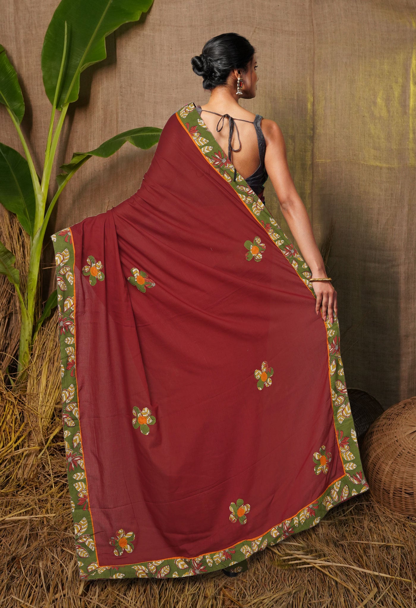 Maroon Pure Applique Work Mulmul Cotton Saree-UNM80753