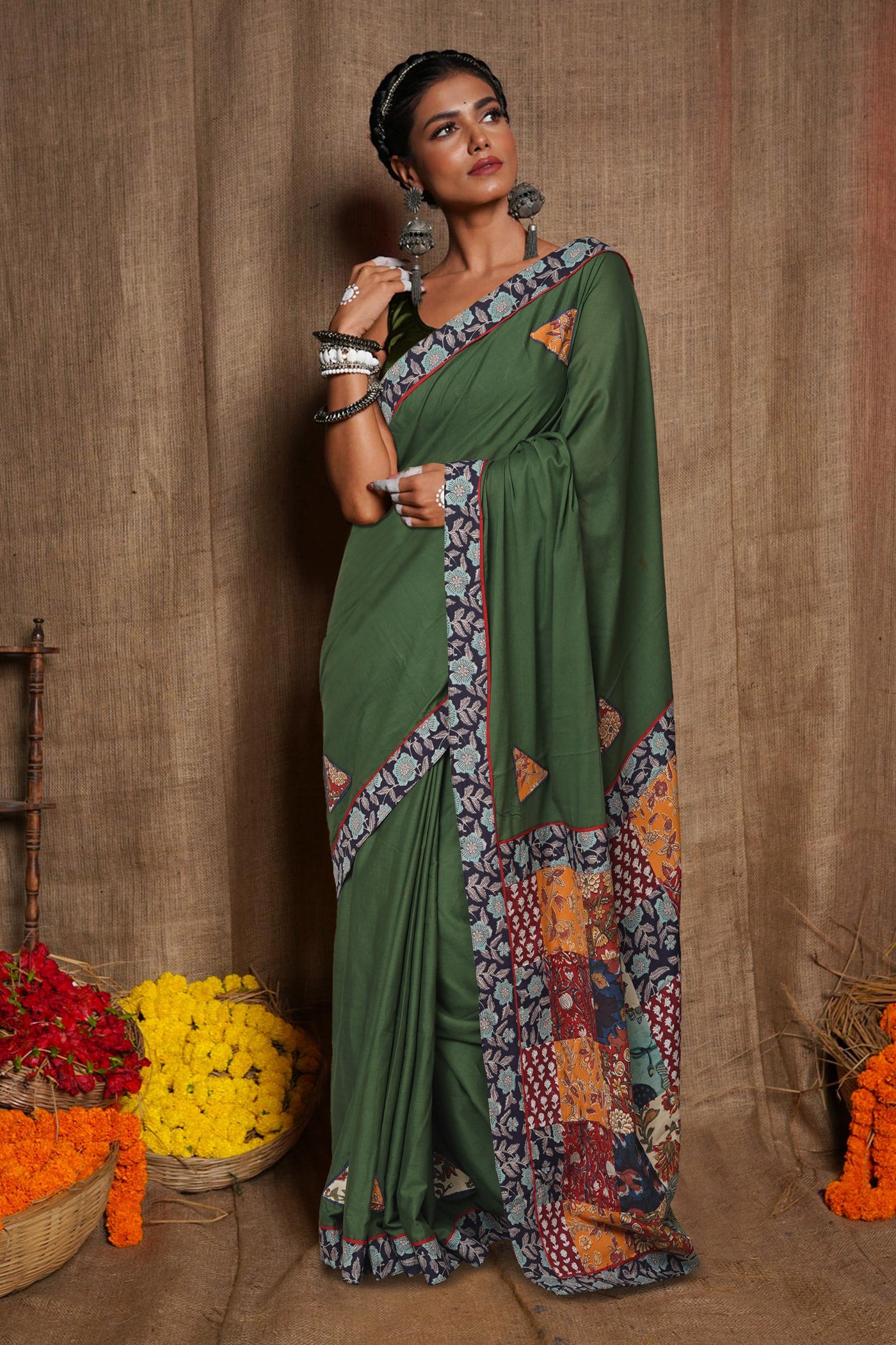Green Pure Applique Work Mulmul Cotton Saree-UNM80755