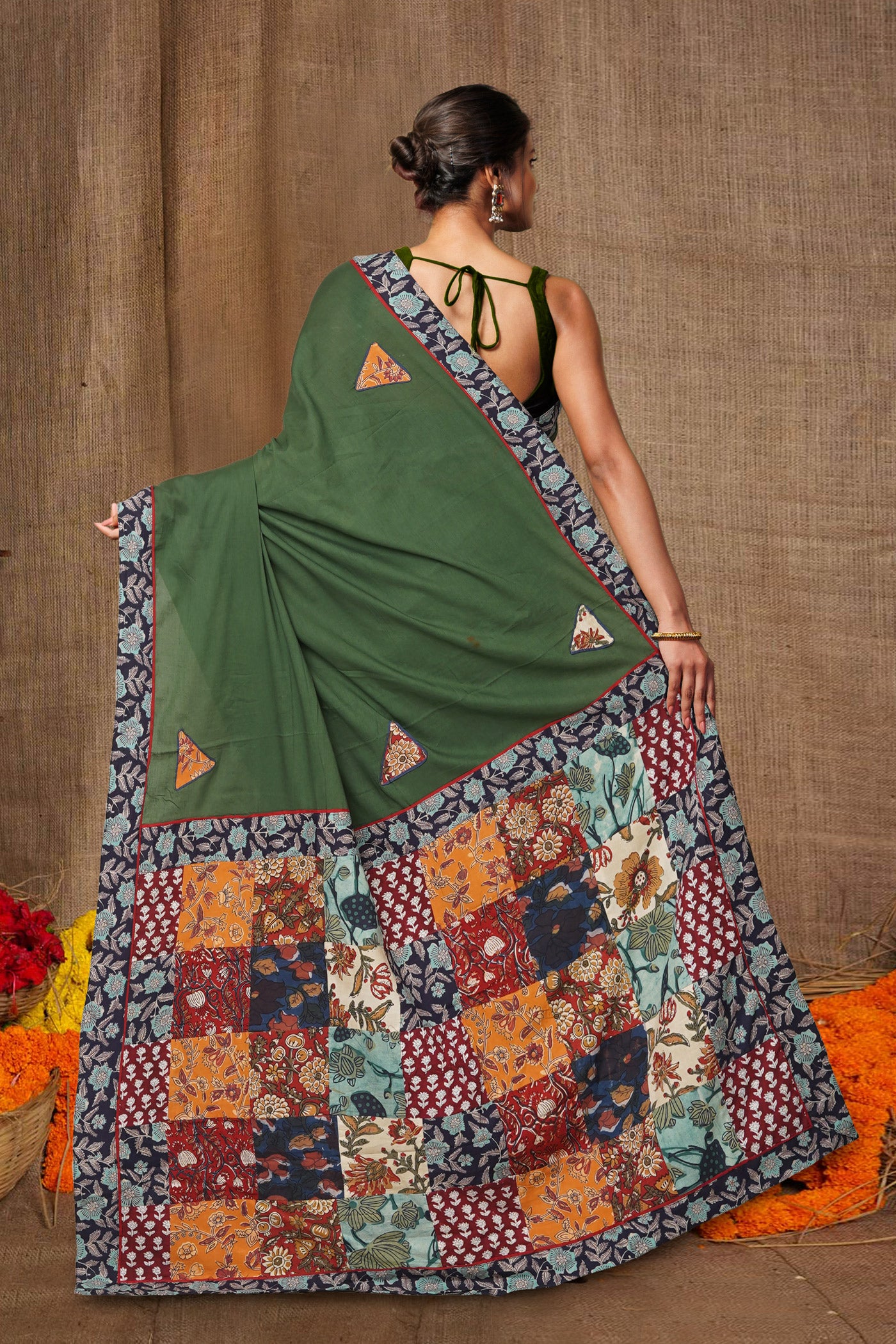 Green Pure Applique Work Mulmul Cotton Saree-UNM80755