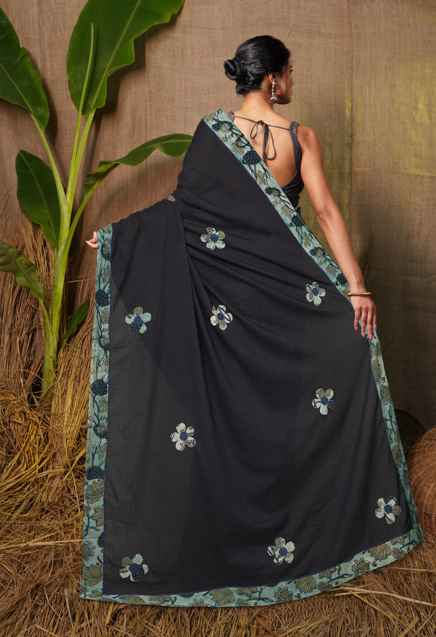 Black Pure Applique Work Mulmul Cotton Saree-UNM80759