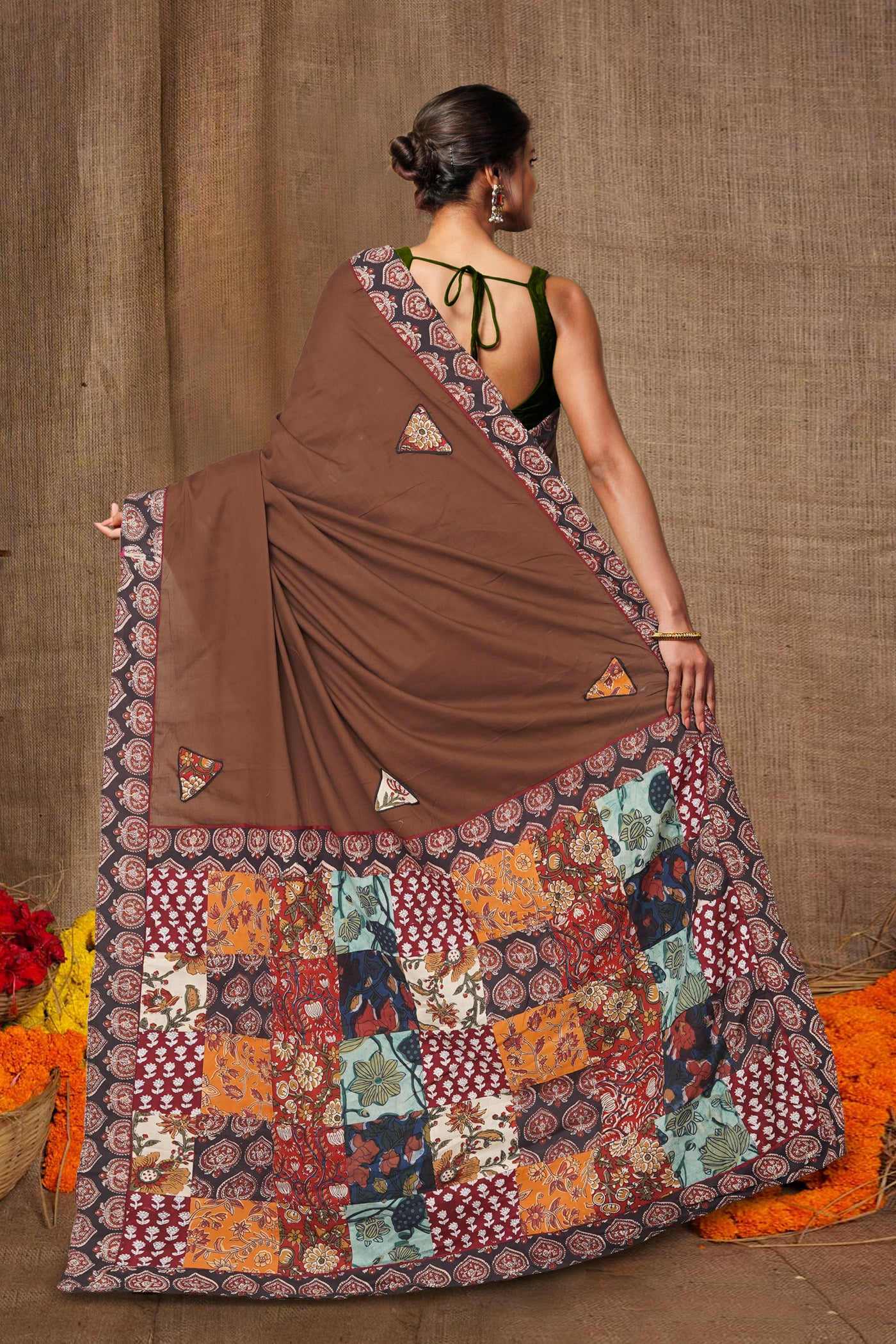 Brown Pure Applique Work Mulmul Cotton Saree-UNM80763