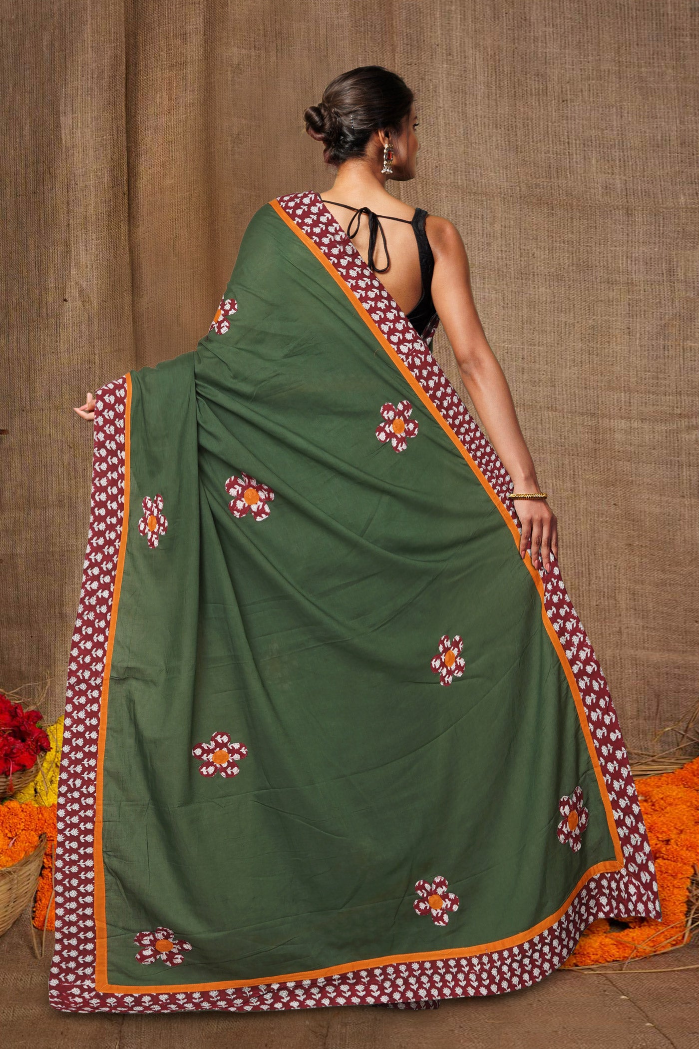 Green Pure Applique Work Mulmul Cotton Saree-UNM80764