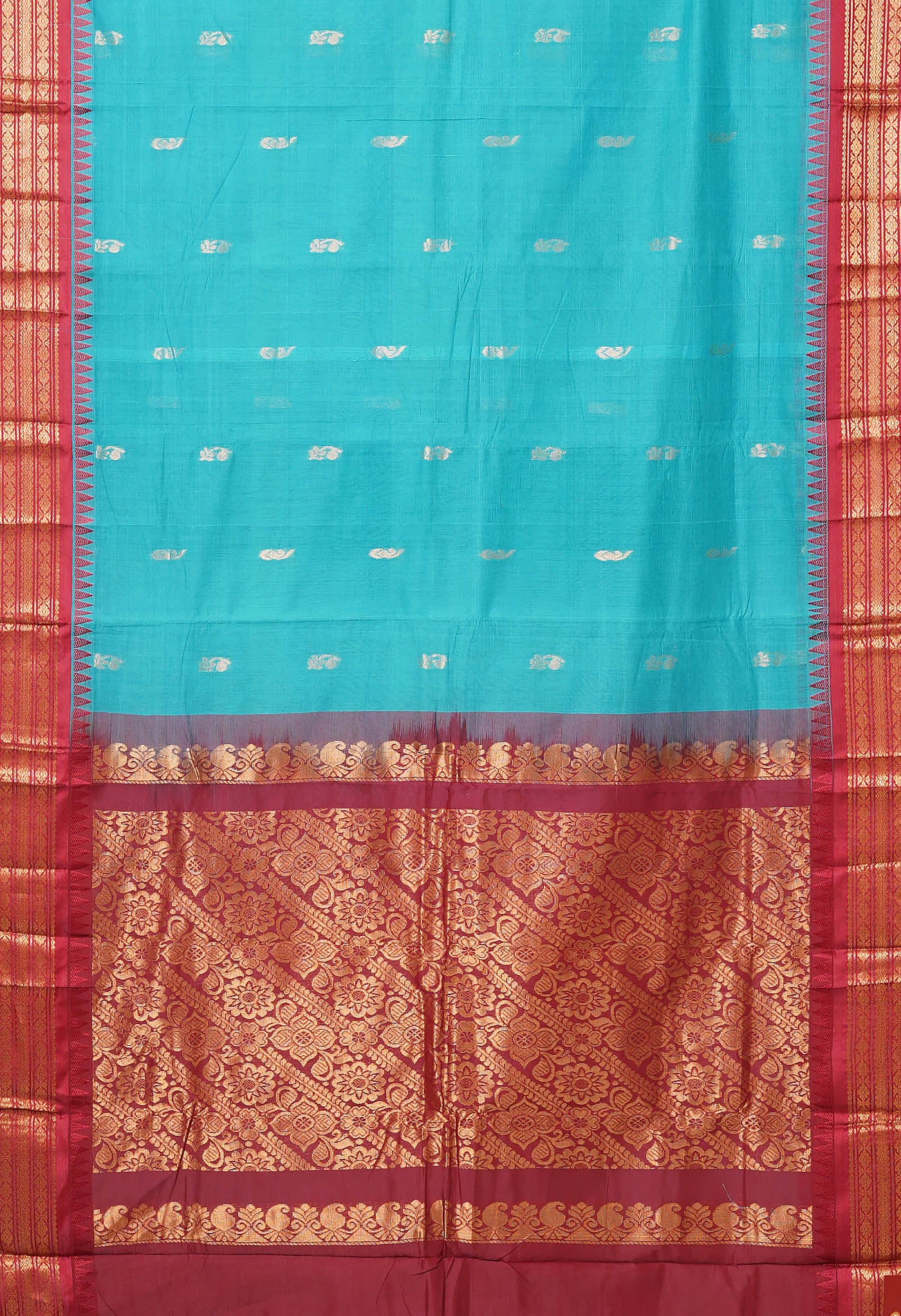Blue-Red Pure Handloom Gadwal Cotton Saree-UNM80775