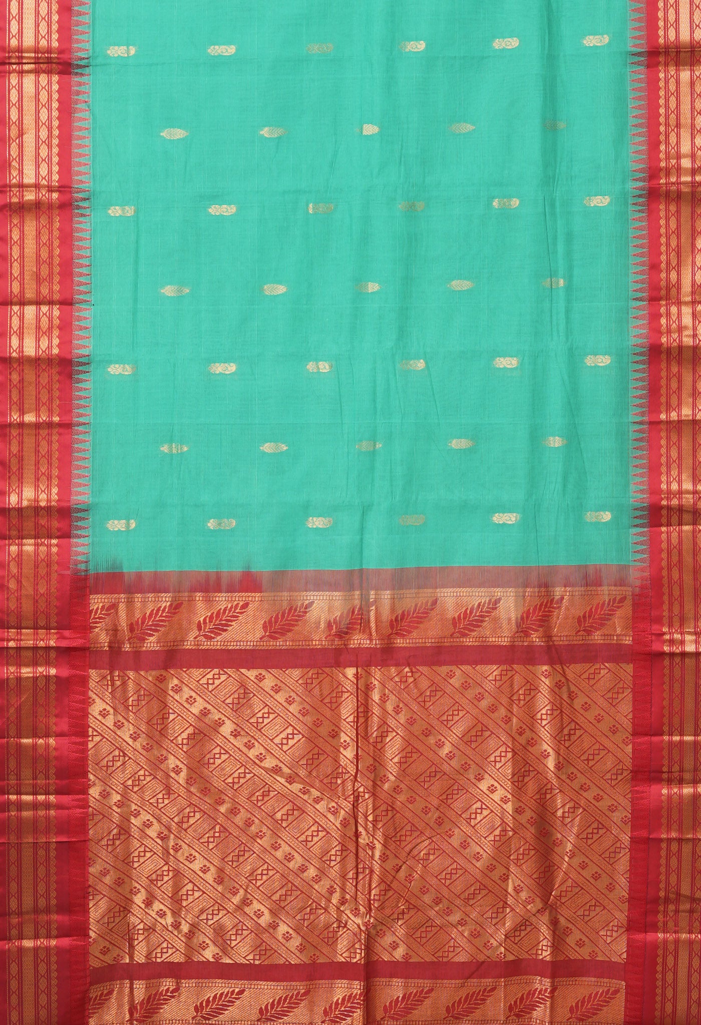 Green-Red Pure Handloom Gadwal Cotton Saree-UNM80784