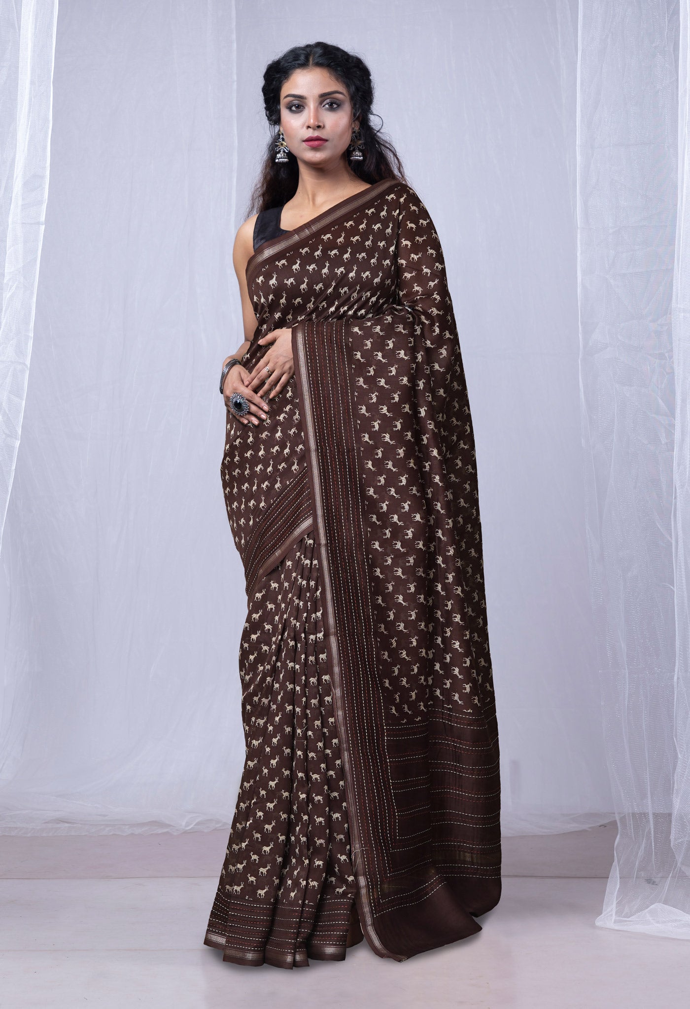 Dark Brown Pure Bagru Printed With Kantha work Chanderi Sico Saree-UNM81077