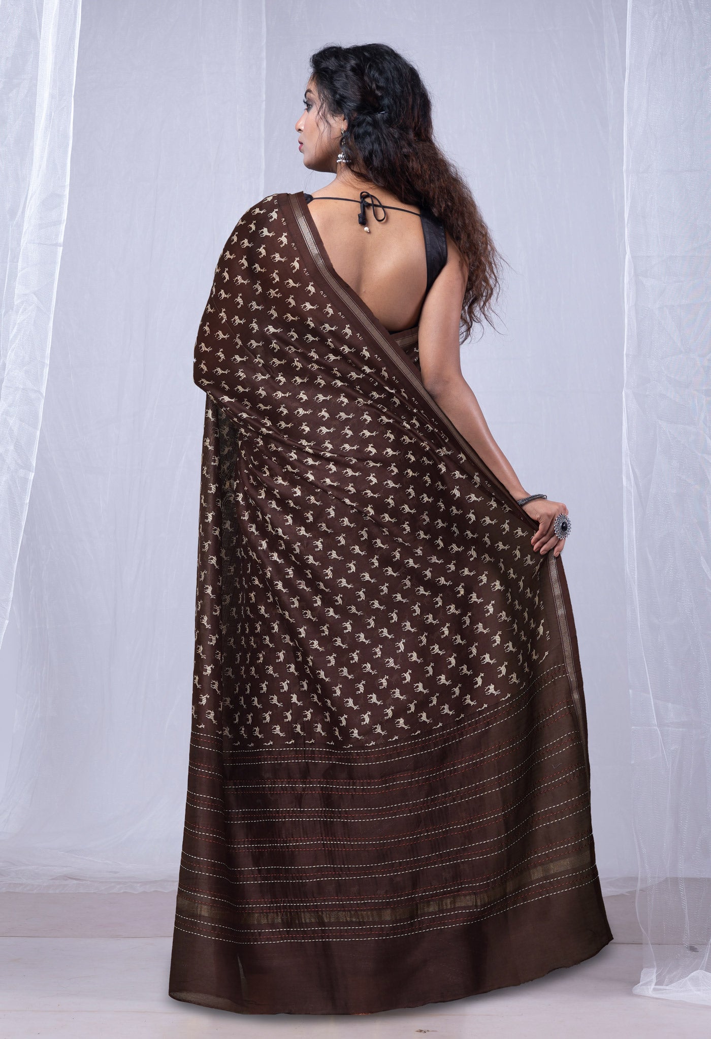 Dark Brown Pure Bagru Printed With Kantha work Chanderi Sico Saree-UNM81077