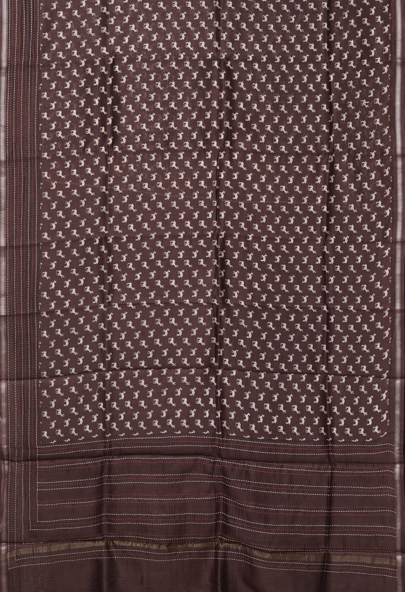 Dark Brown Pure Bagru Printed With Kantha work Chanderi Sico Saree-UNM81077