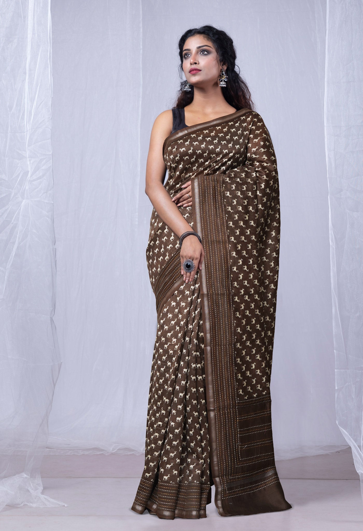 Brown Pure Bagru Printed With Kantha work Chanderi Sico Saree-UNM81080