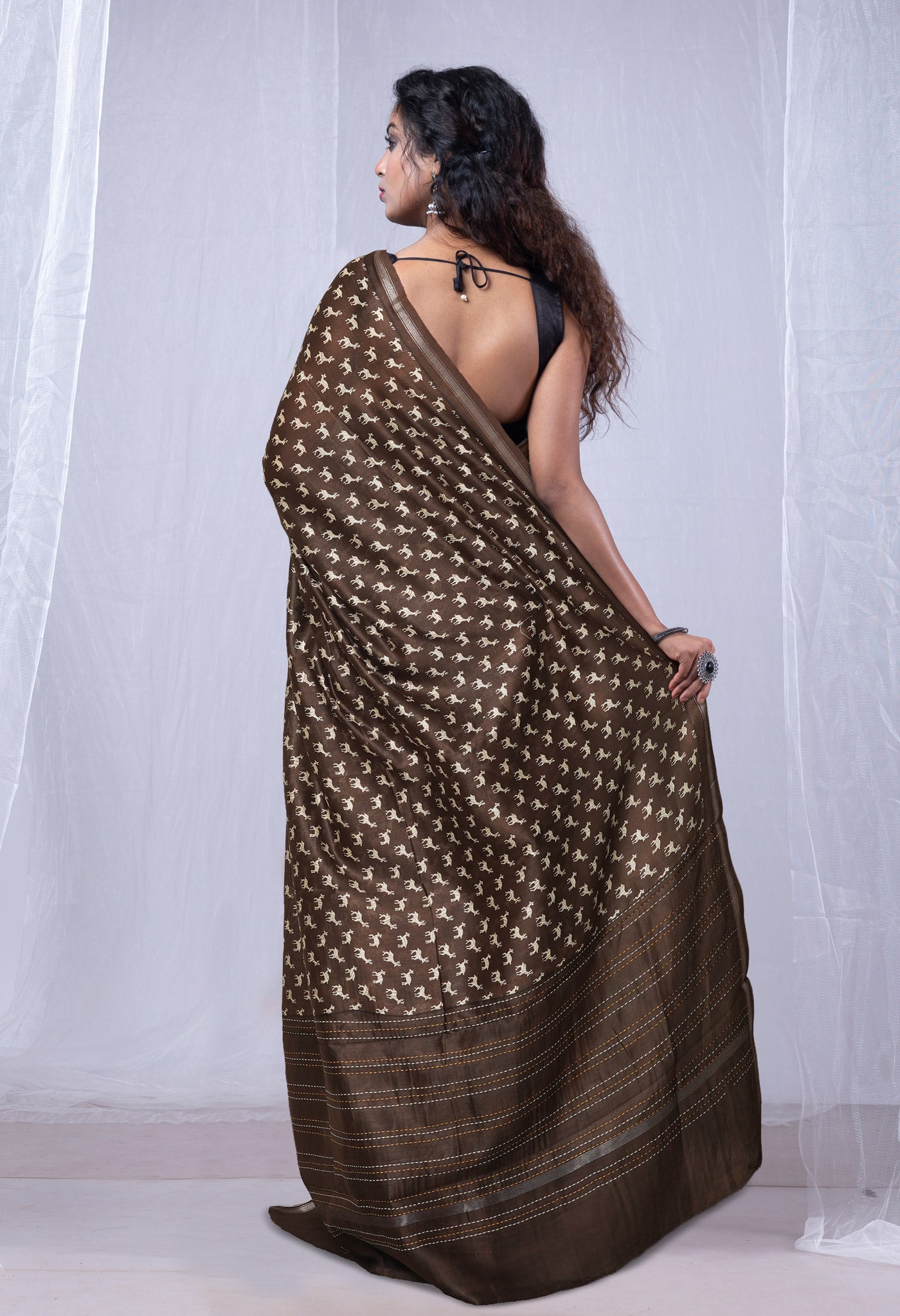 Brown Pure Bagru Printed With Kantha work Chanderi Sico Saree-UNM81080